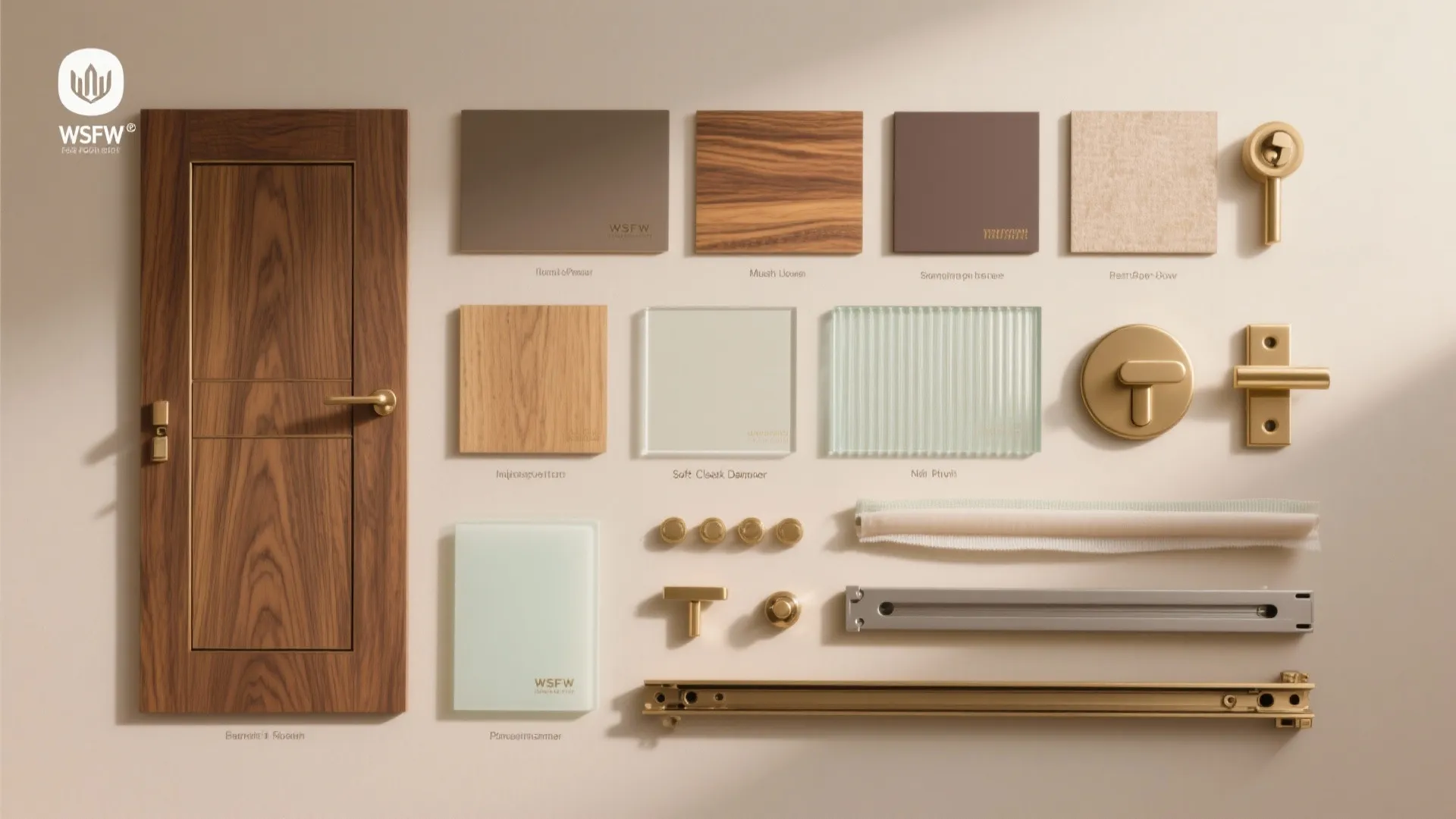 Collection of wooden door samples with various textures glass panels and gold colored metal hardware