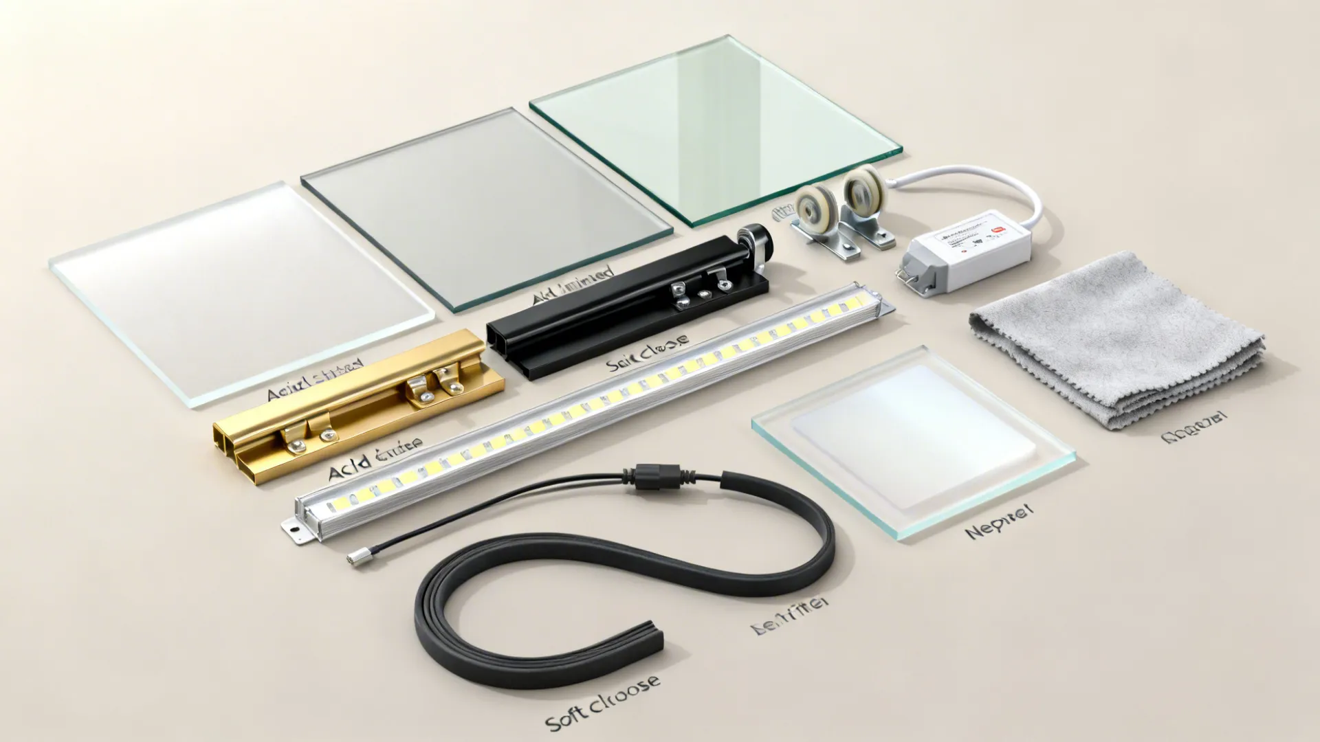 Display of glass panes metal tracks light fixture and various hardware parts for sliding doors