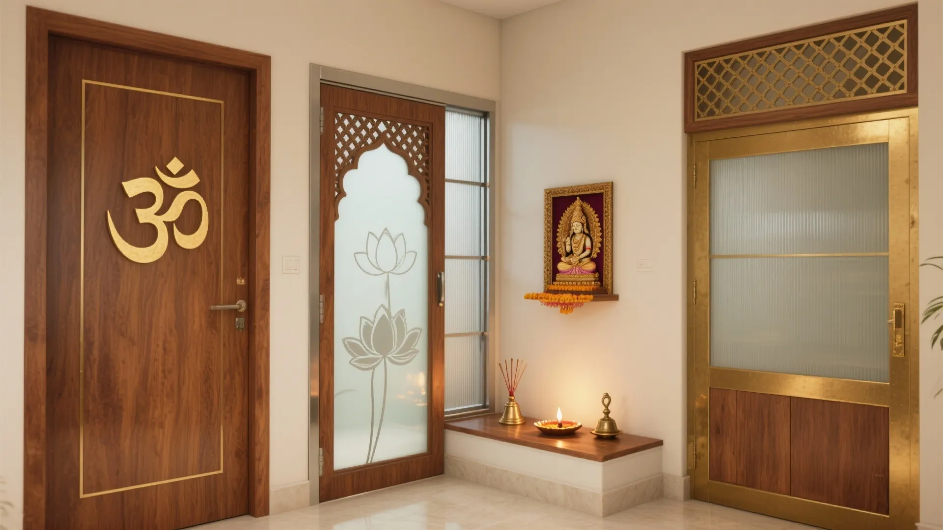 Traditional prayer room with wooden doors gold symbols small altar hanging picture and warm lighting