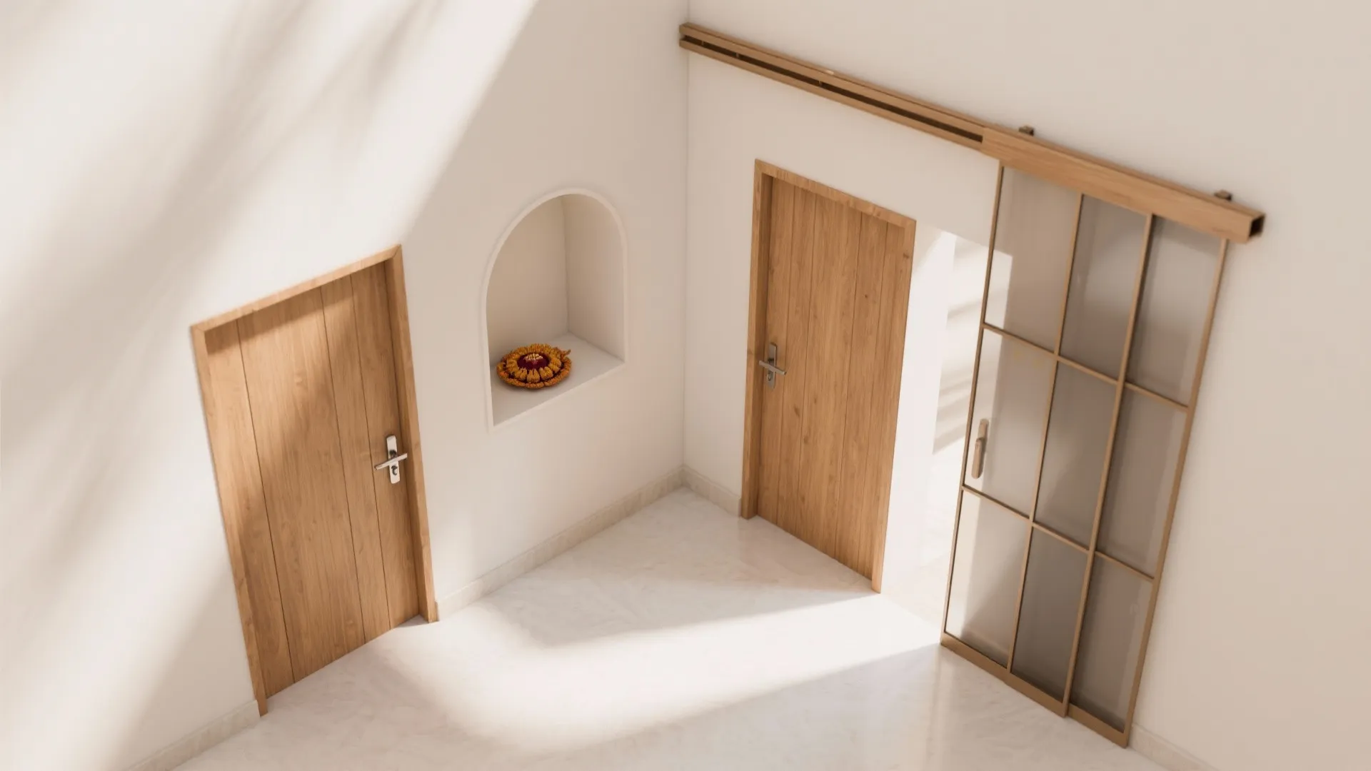 Interior design drawing showing white hallway with wooden doors and a sliding glass door layout