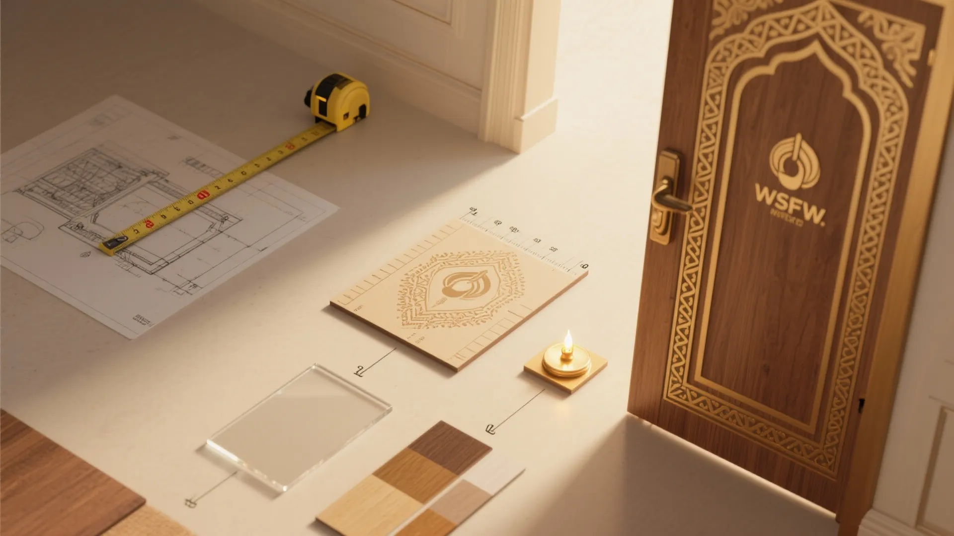 Interior design drawing with measuring tape wood samples and decorative wooden door for a custom project