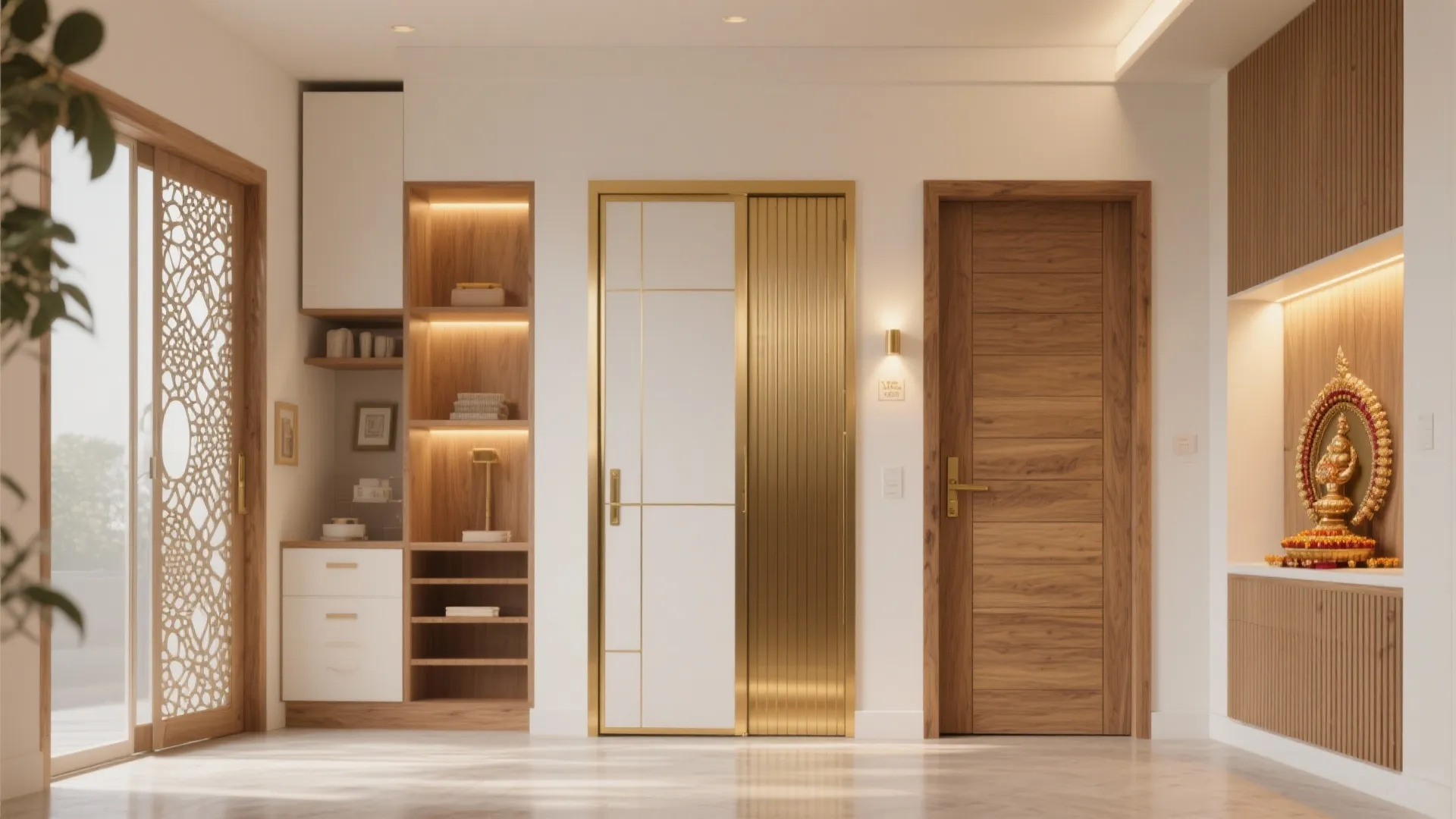 Bright home interior showing wooden cabinet, gold trimmed door, wooden door, and a wall shrine