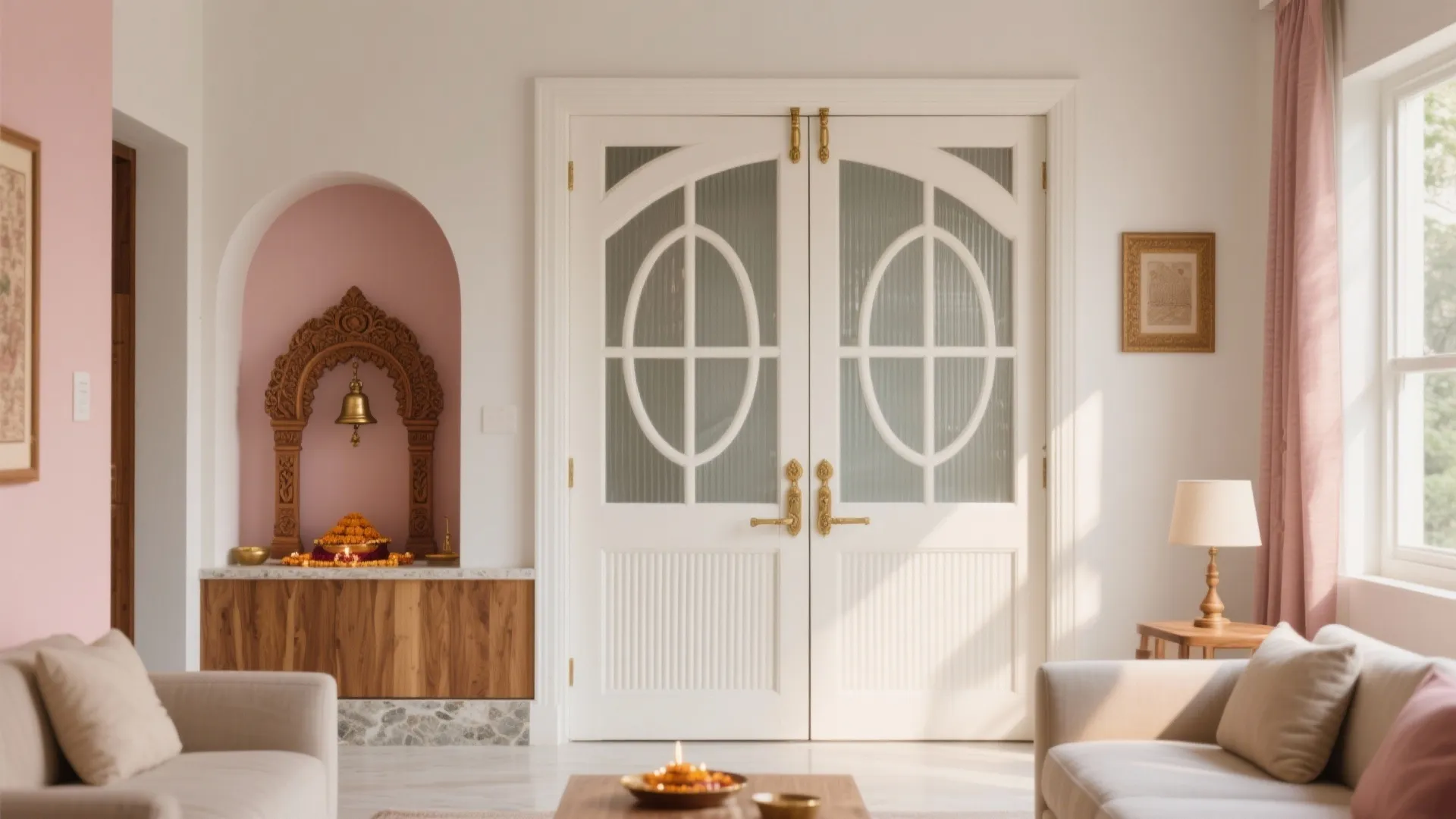 Elegant white double doors with oval glass panels in a living room with wooden furniture