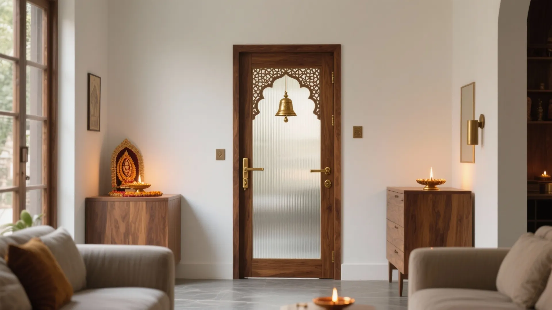 Traditional wooden door with glass panel and hanging brass bell in a bright modern home