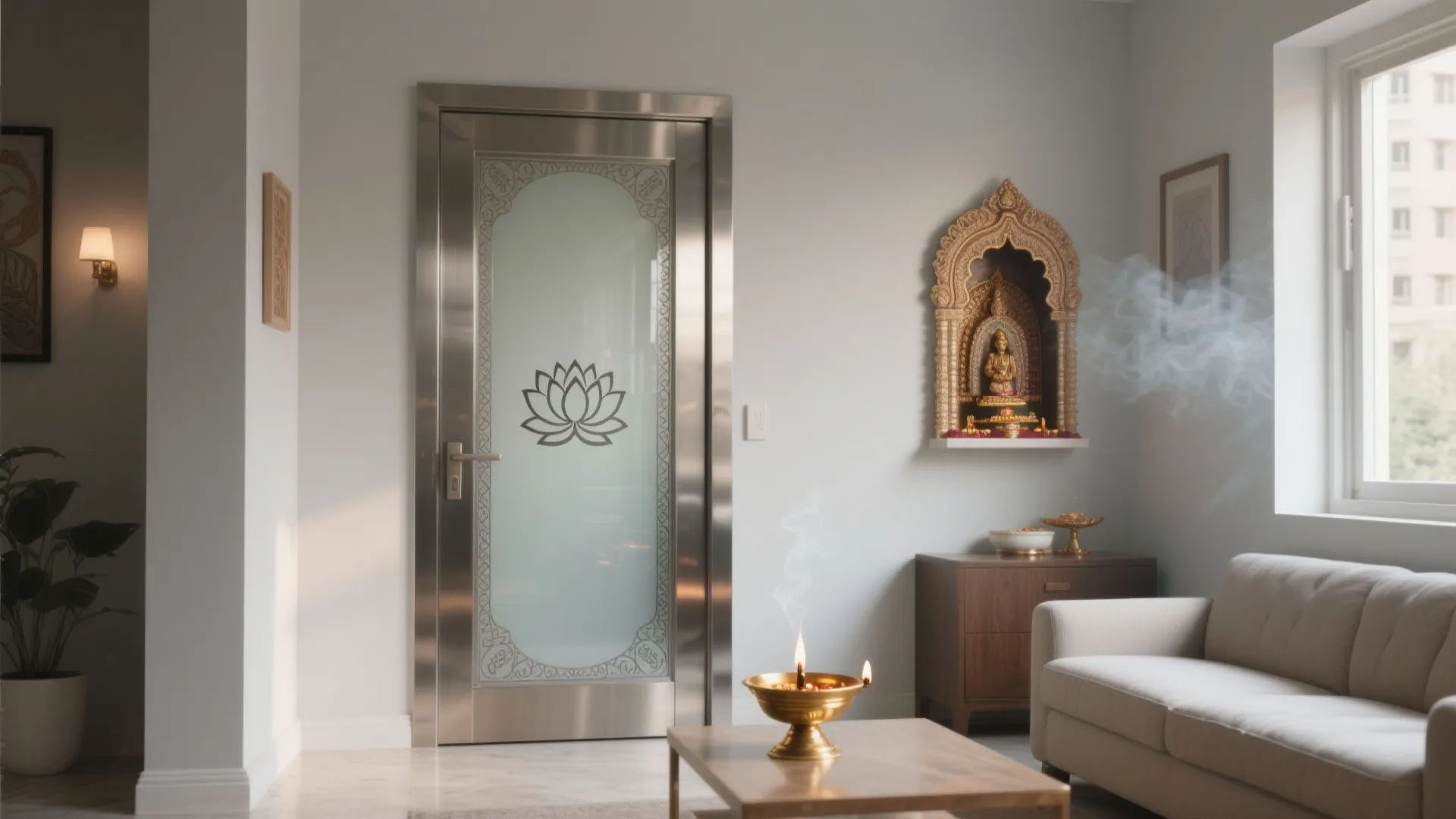 Silver metal door with lotus design next to a prayer altar in a bright room