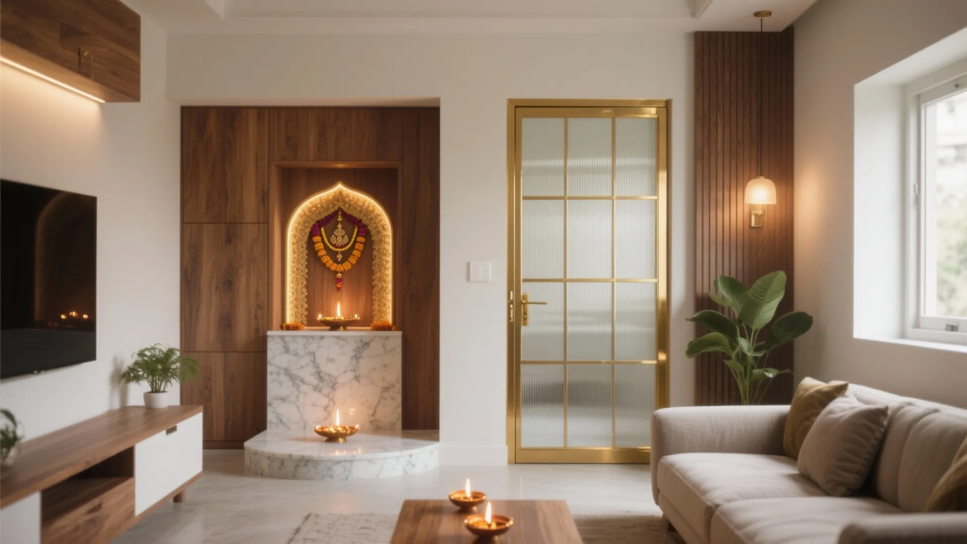 Modern living room featuring a marble prayer area beside a glass door with gold frame