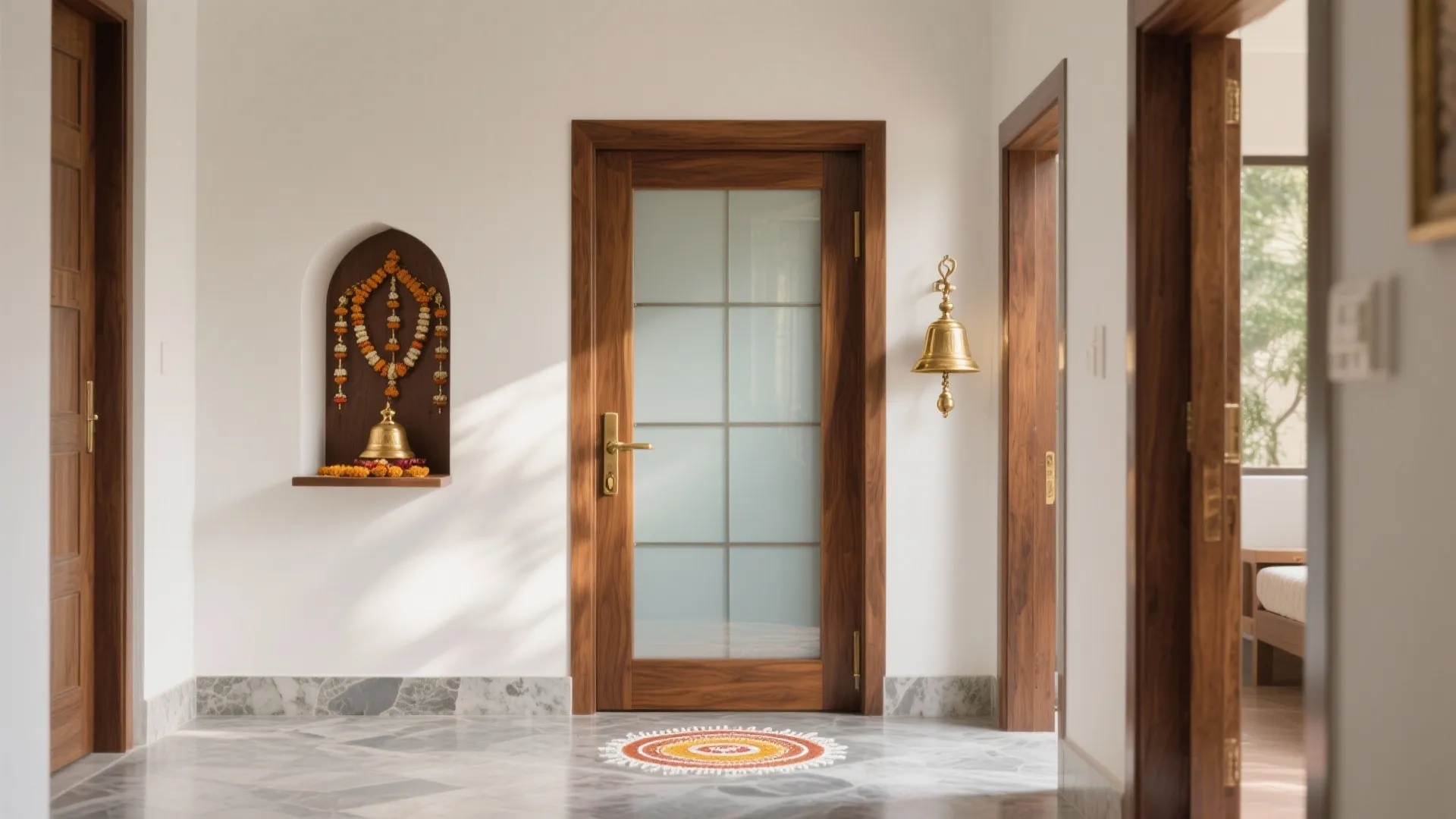 Hallway with white walls wooden doors glass panel door brass bell and marble floor design