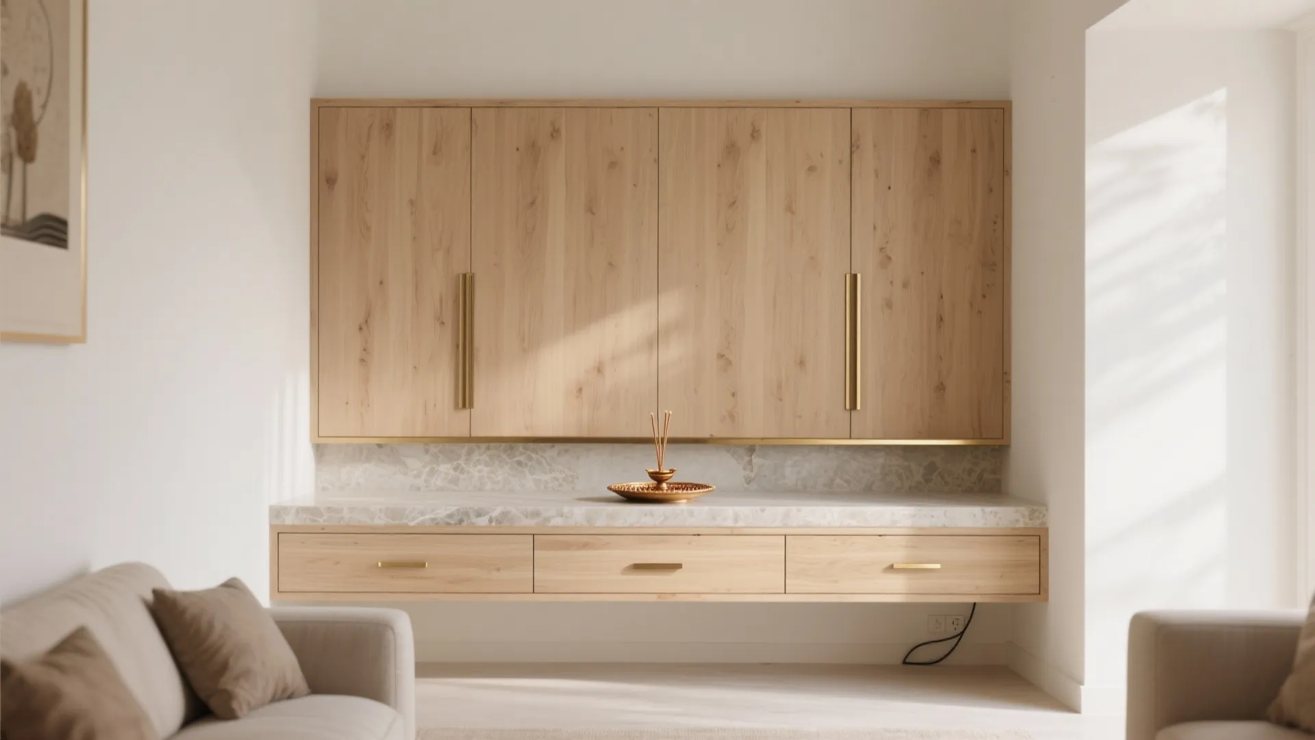 Minimalist Pooja Wall Storage With Hidden Drawers