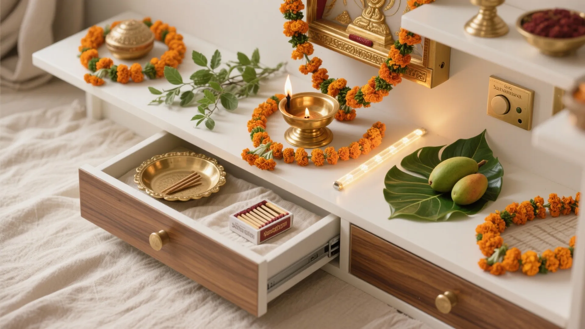 White cabinet with open drawer holding matches, incense, oil lamp, flowers, and fresh green leaves