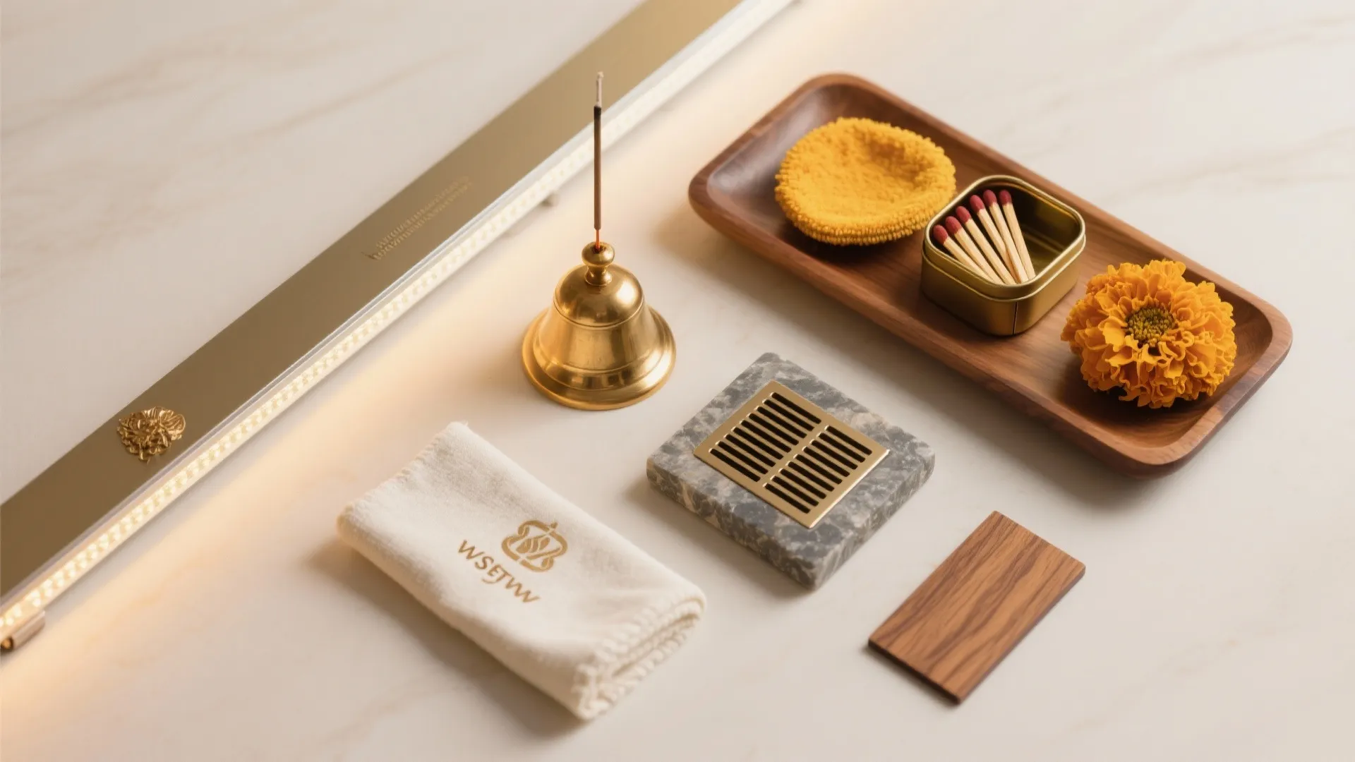 Flat lay of pooja and setup essentials: LED strip, diffuser channel, brass bell, incense, stone tray, and tools.