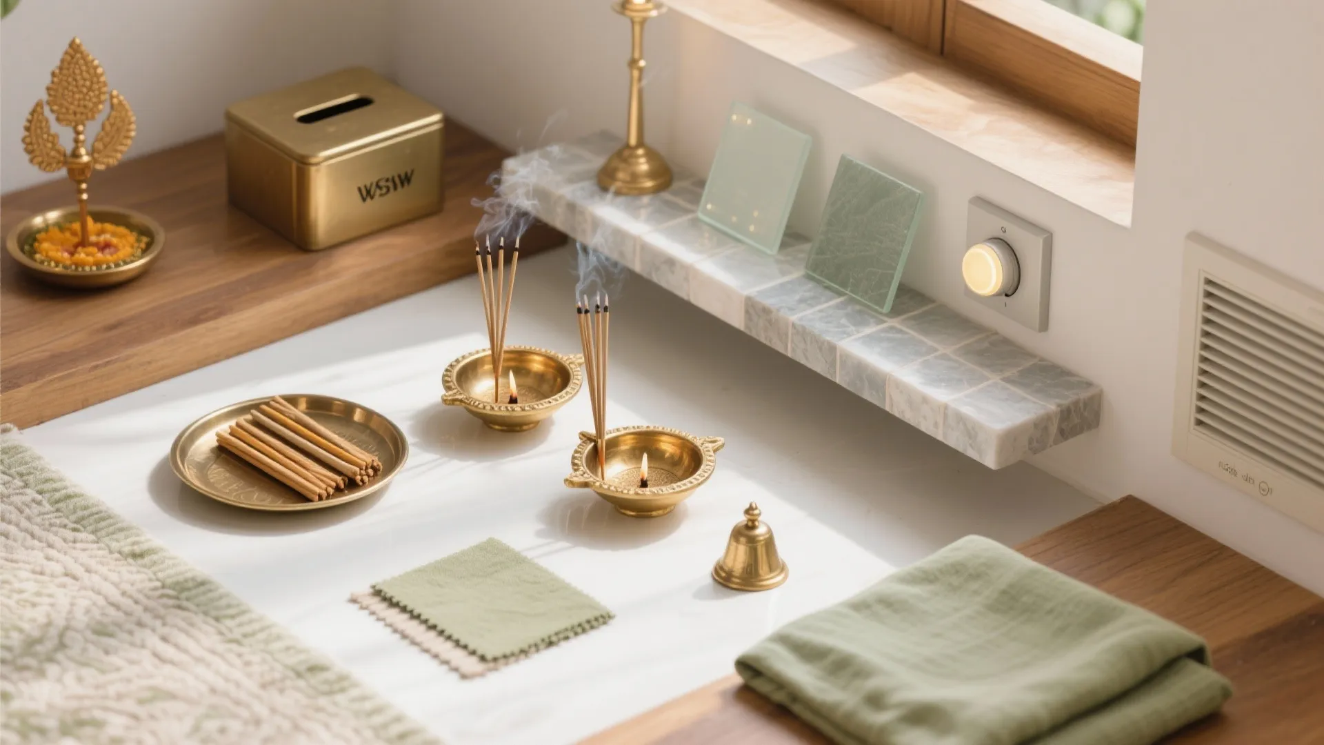 Burning incense sticks in brass bowls on white surface with fabric and small golden bell