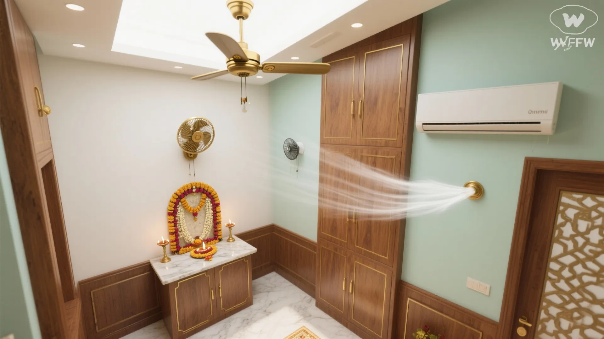 Top-down guide showing off-axis ceiling fan, tilted wall fan, and concealed slot diffuser with gentle, indirect airflow around a small altar.