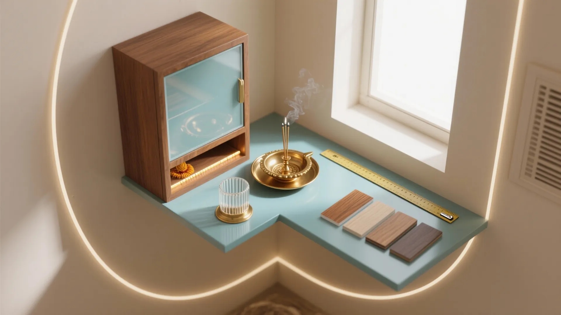 Corner shelf with wooden cabinet incense burner glass cup wood samples and window in room