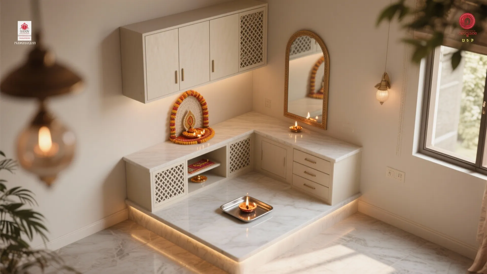Corner prayer room with white marble floor and cream cabinets plus small mirror and lights