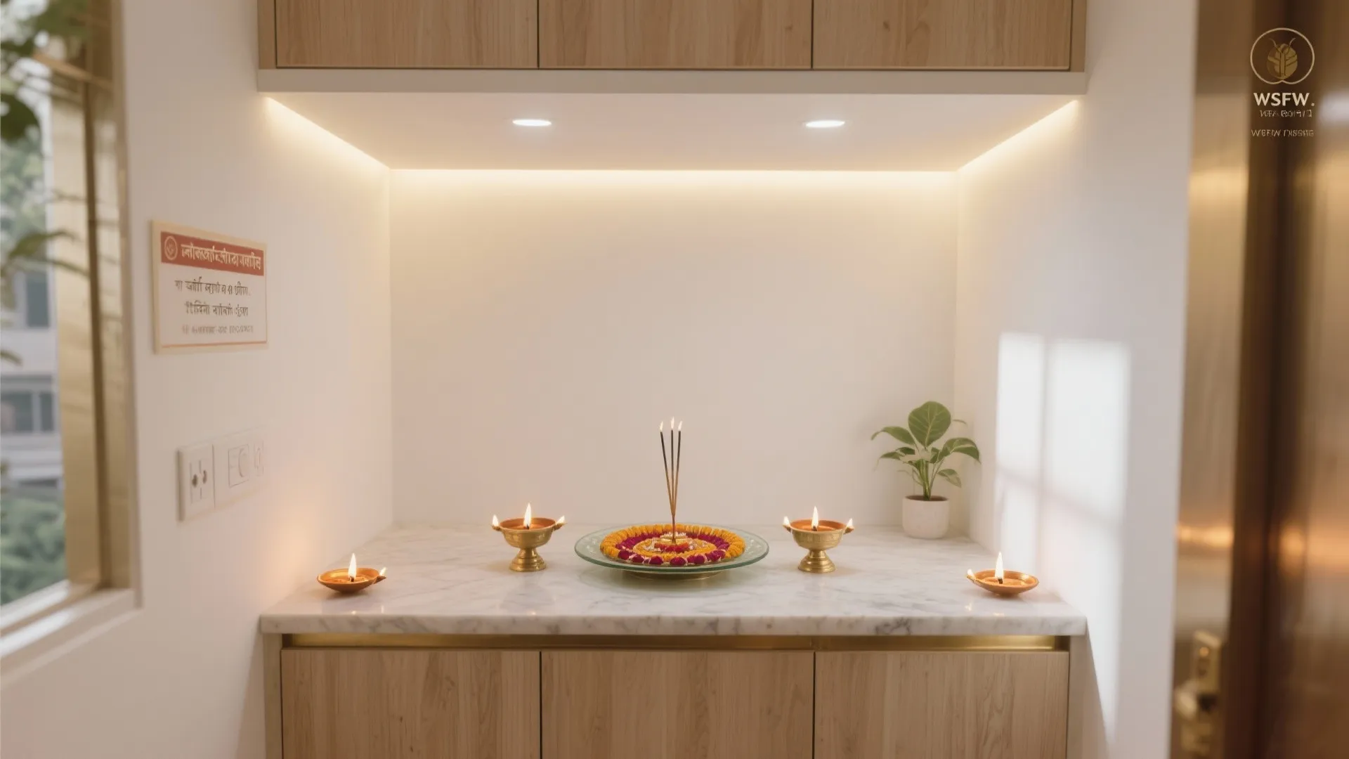 White marble counter with several small oil lamps incense sticks and a small green potted plant