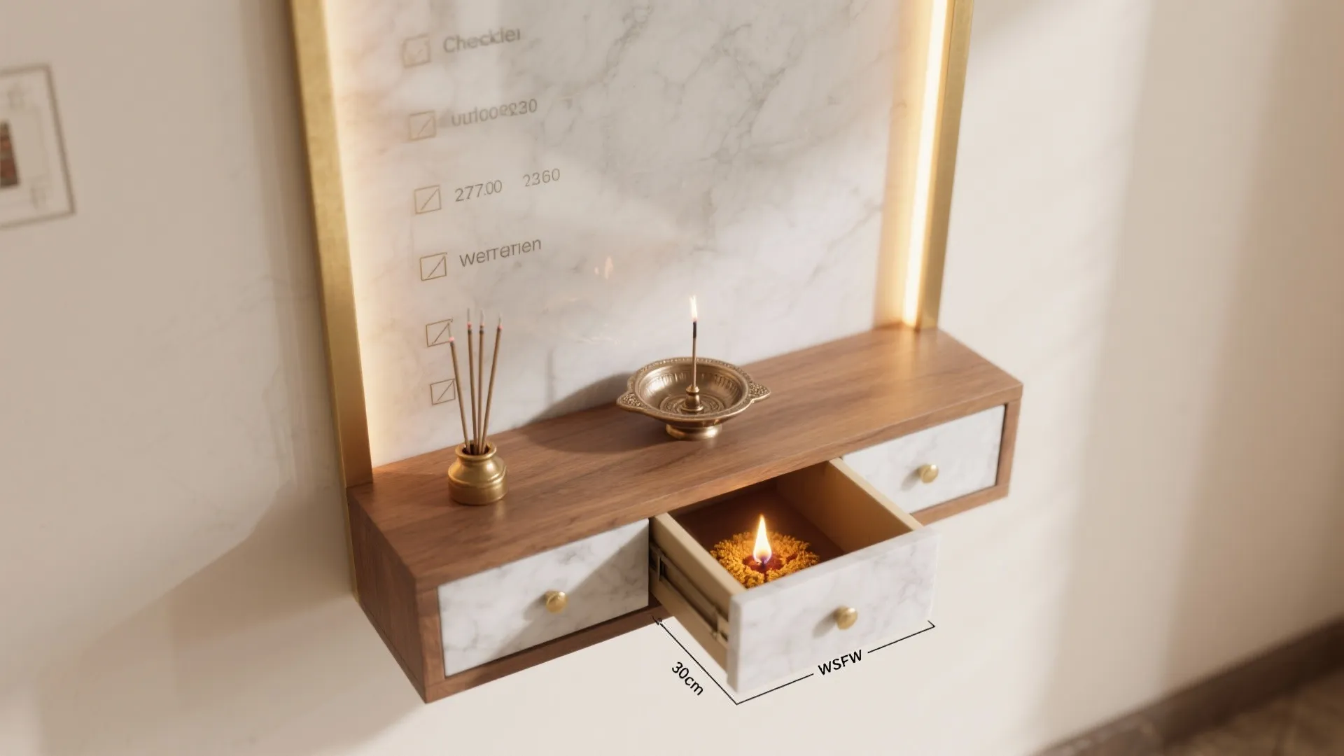 Wall mounted wood and marble cabinet featuring an open drawer with a small candle flame
