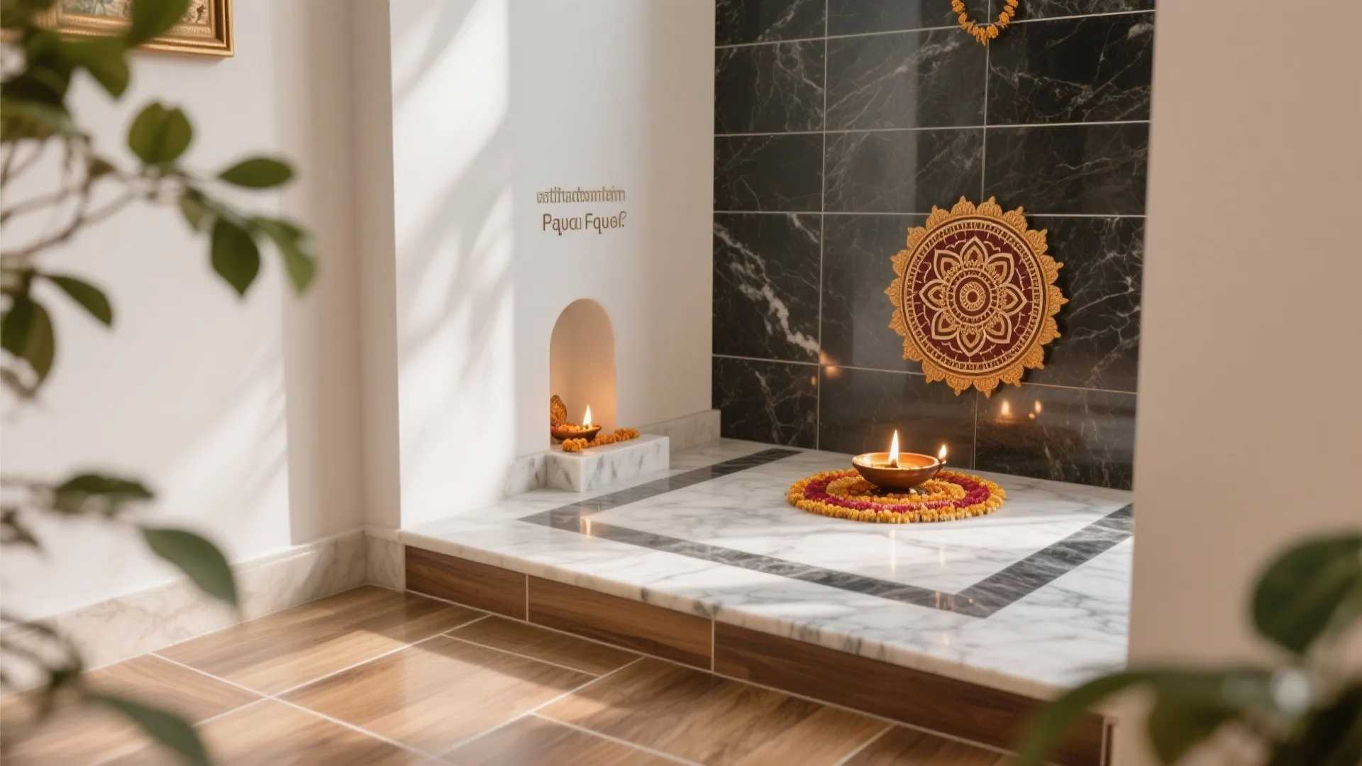 Modern prayer room with marble platform, lit oil lamps, flower wall art, and black tile wall