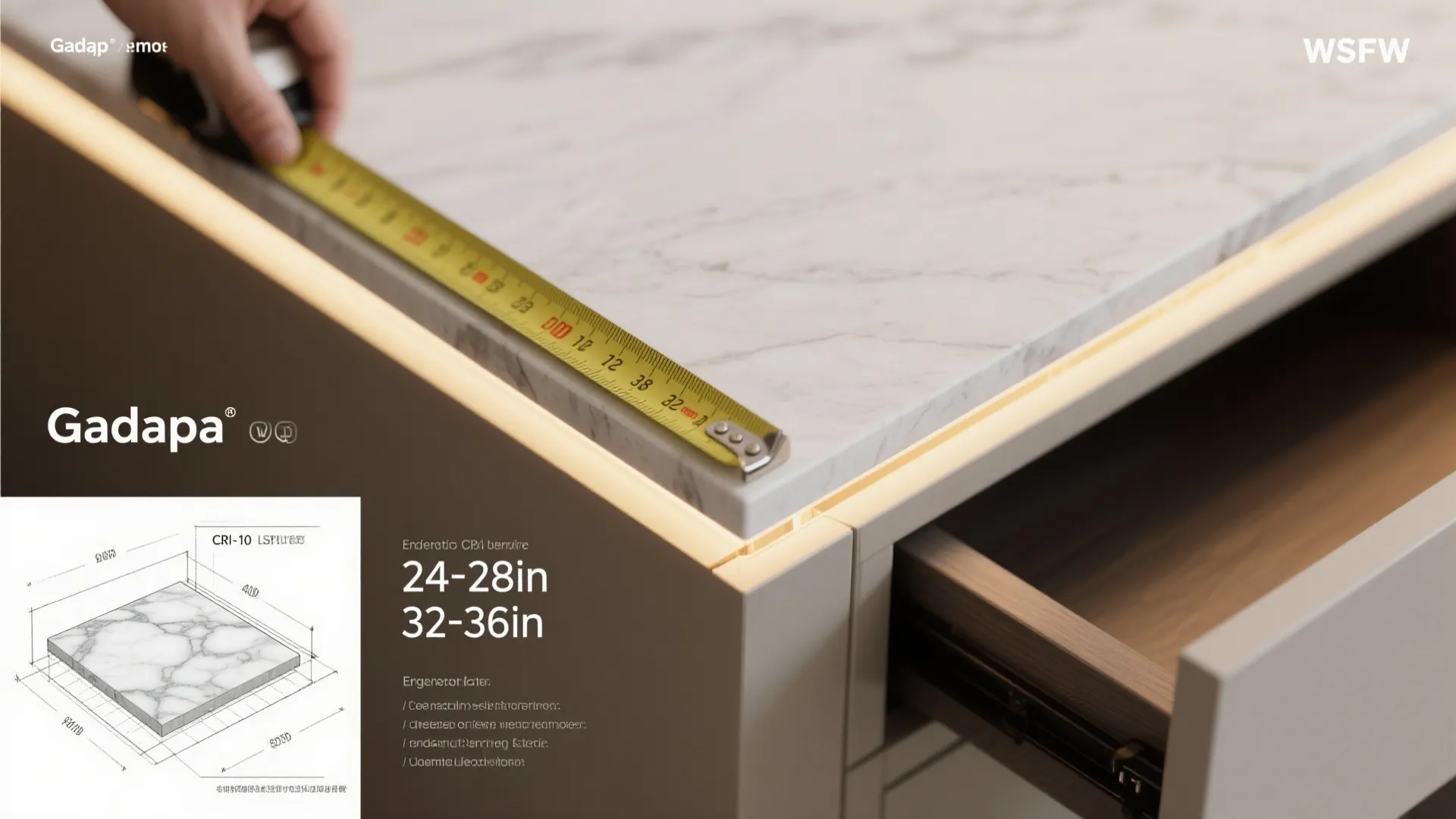 Macro collage of pooja gadapa height measuring, material samples, warm LEDs, corner layout, and hidden storage.