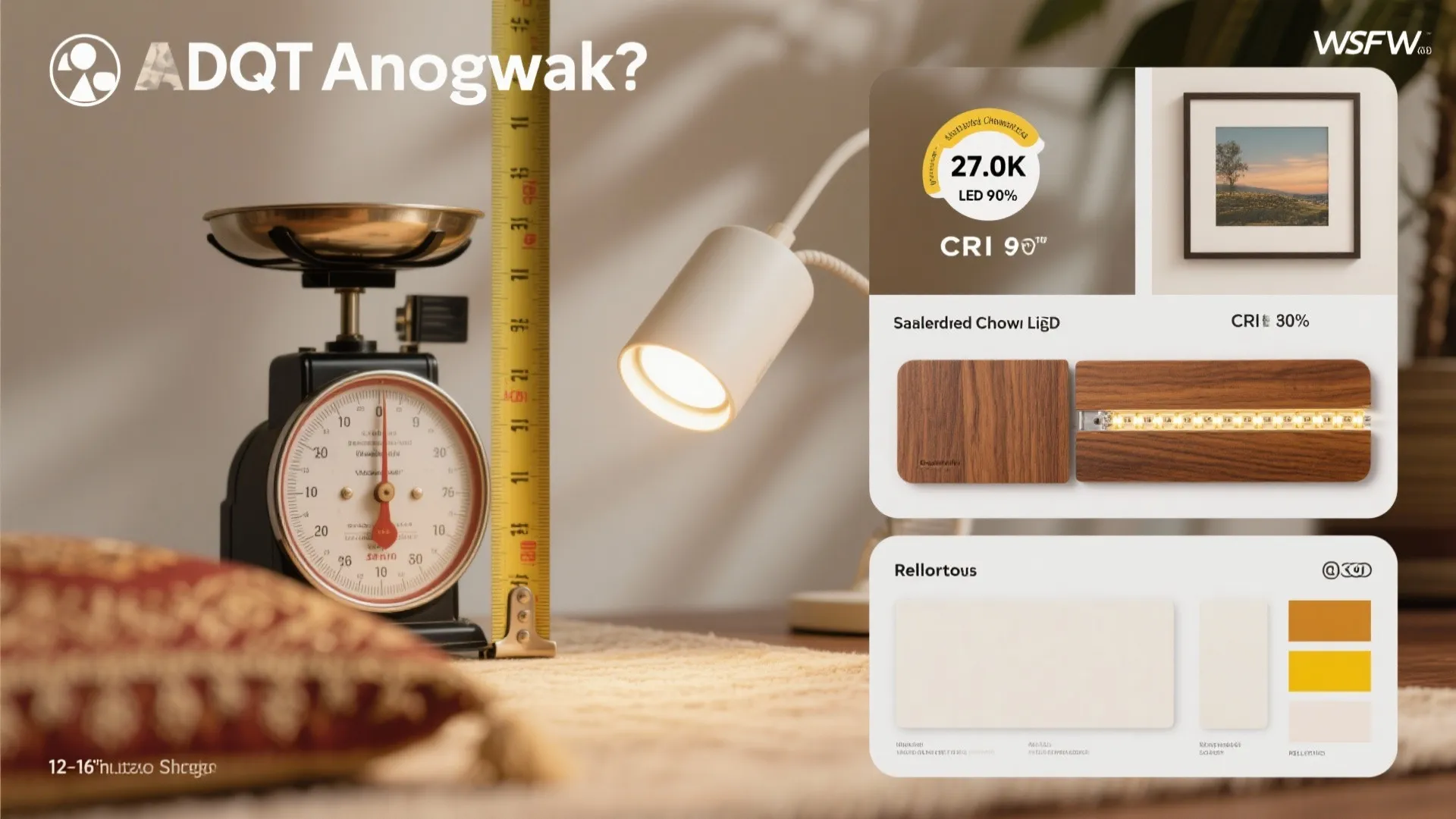 Infographic showing home lighting quality with a desk light scale and color rendering index details