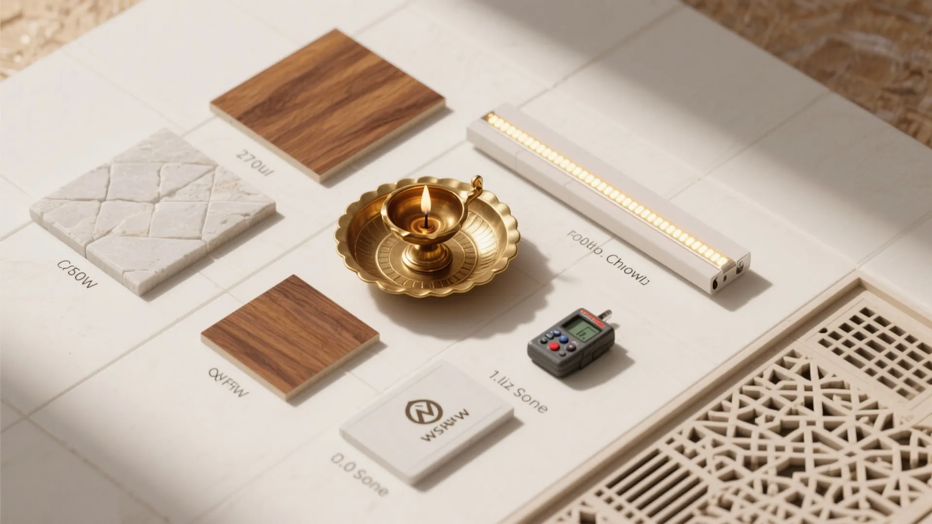 Flatlay of pooja chowk design essentials: brass diya plate, teak veneer, stone plinth, 2700K LED, jaali, and exhaust grille.
