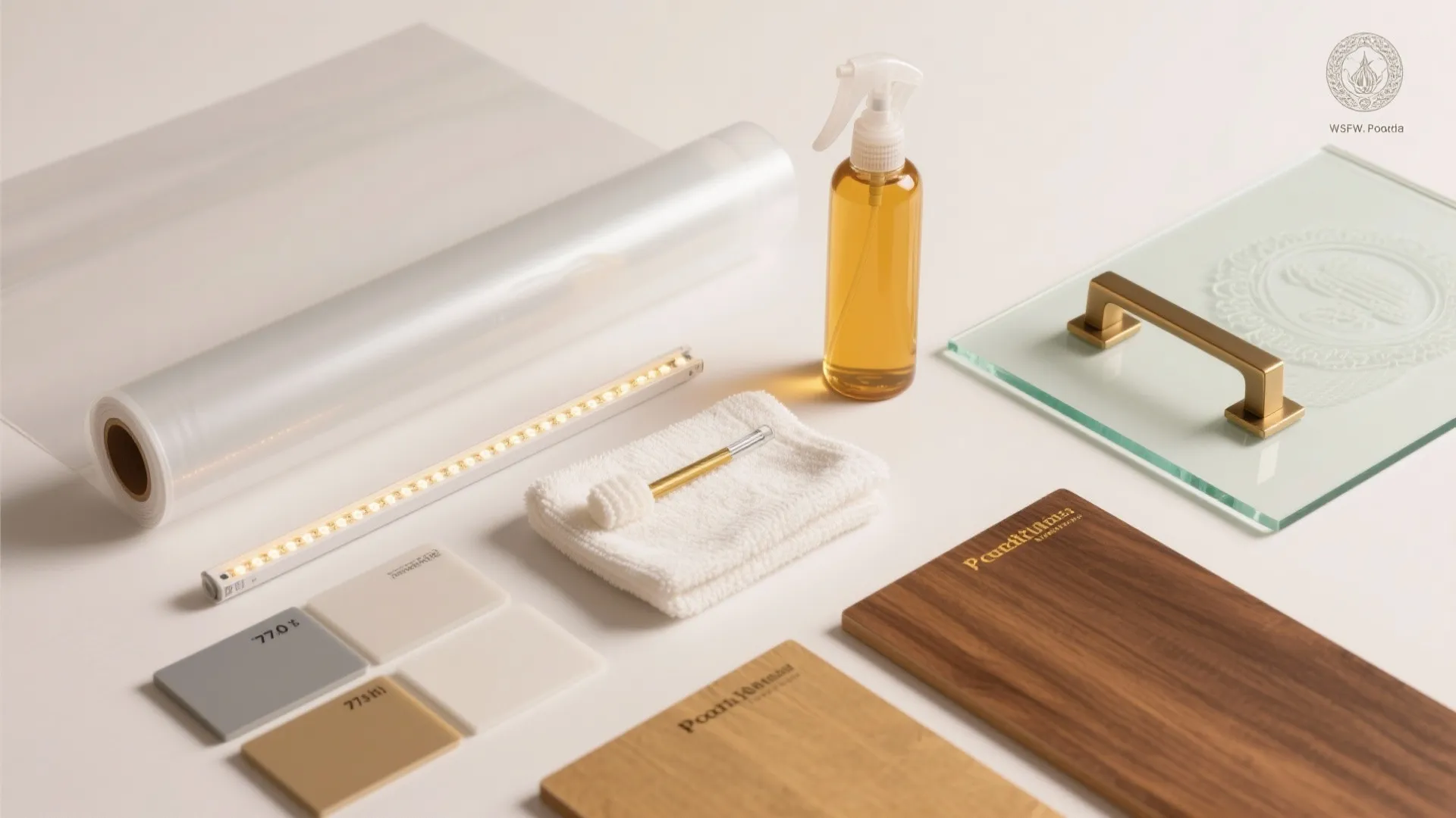 Collection of interior design materials like wood samples glass panel light strip and a spray bottle