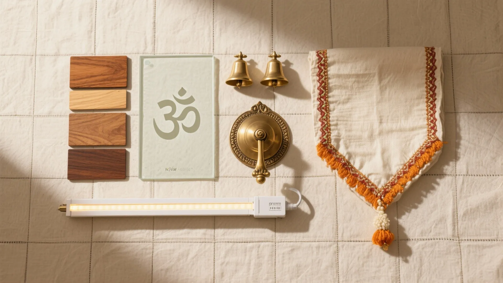 Flat lay of wood samples glass with symbol brass bells fabric with fringe and light