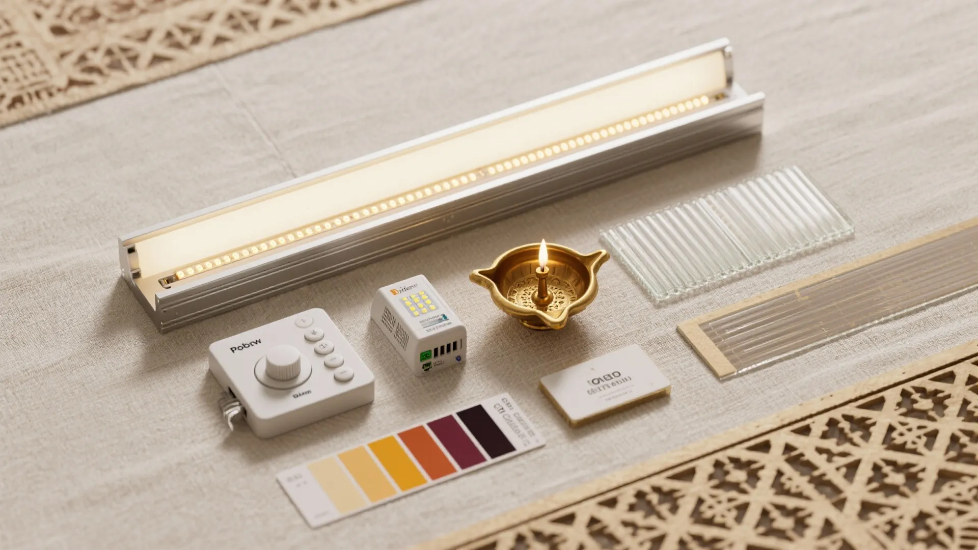 Collection of interior design materials including light strip, dimmer switch, brass lamp, and color palette