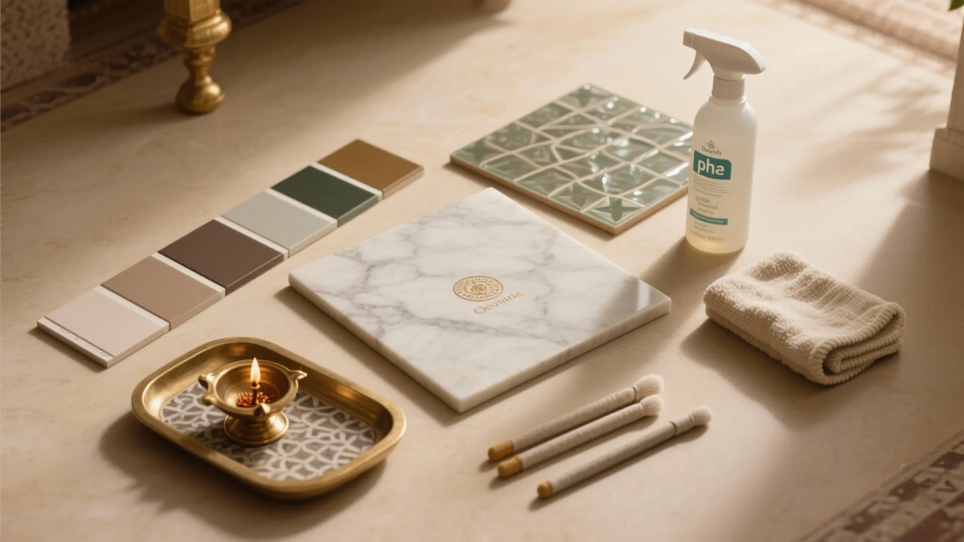 Top-down flat lay of pooja tile samples, brass tray, grout sticks, microfiber cloth, and a pH-neutral cleaner.