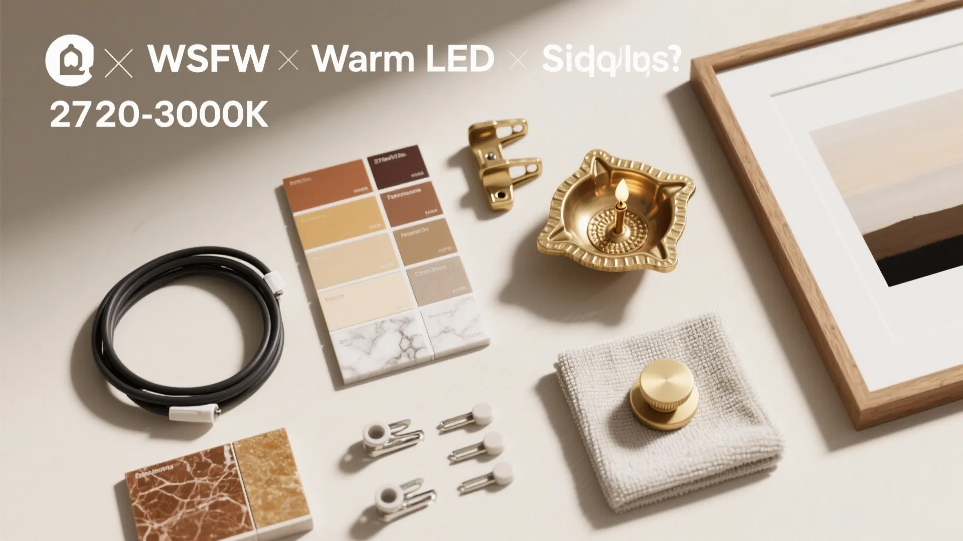 Flat lay of warm LEDs, stone and tile swatches, brass holder, dimmer, and care tools for a pooja setup.