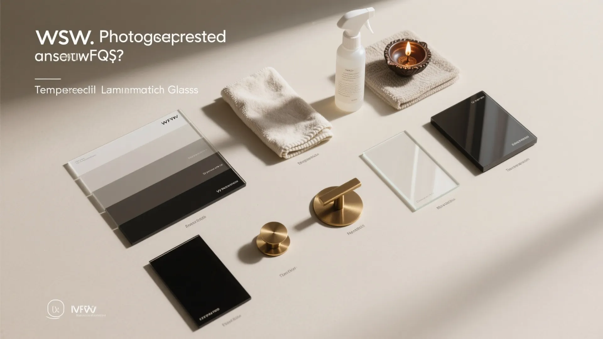 Flat lay of tempered and laminated glass samples, gradient frosting swatches, cloth, and hardware.