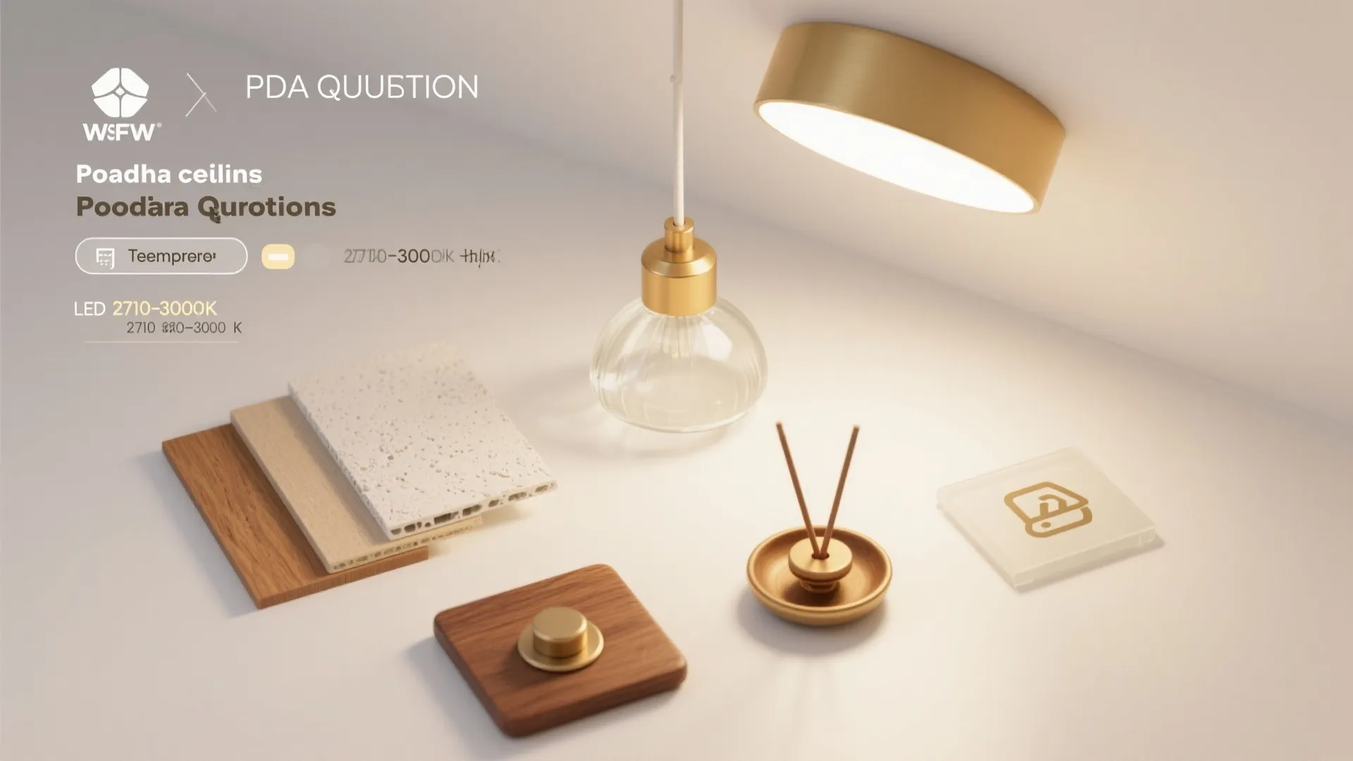 Flat lay showing ceiling light fixtures wood material samples stone tiles and small home decor items