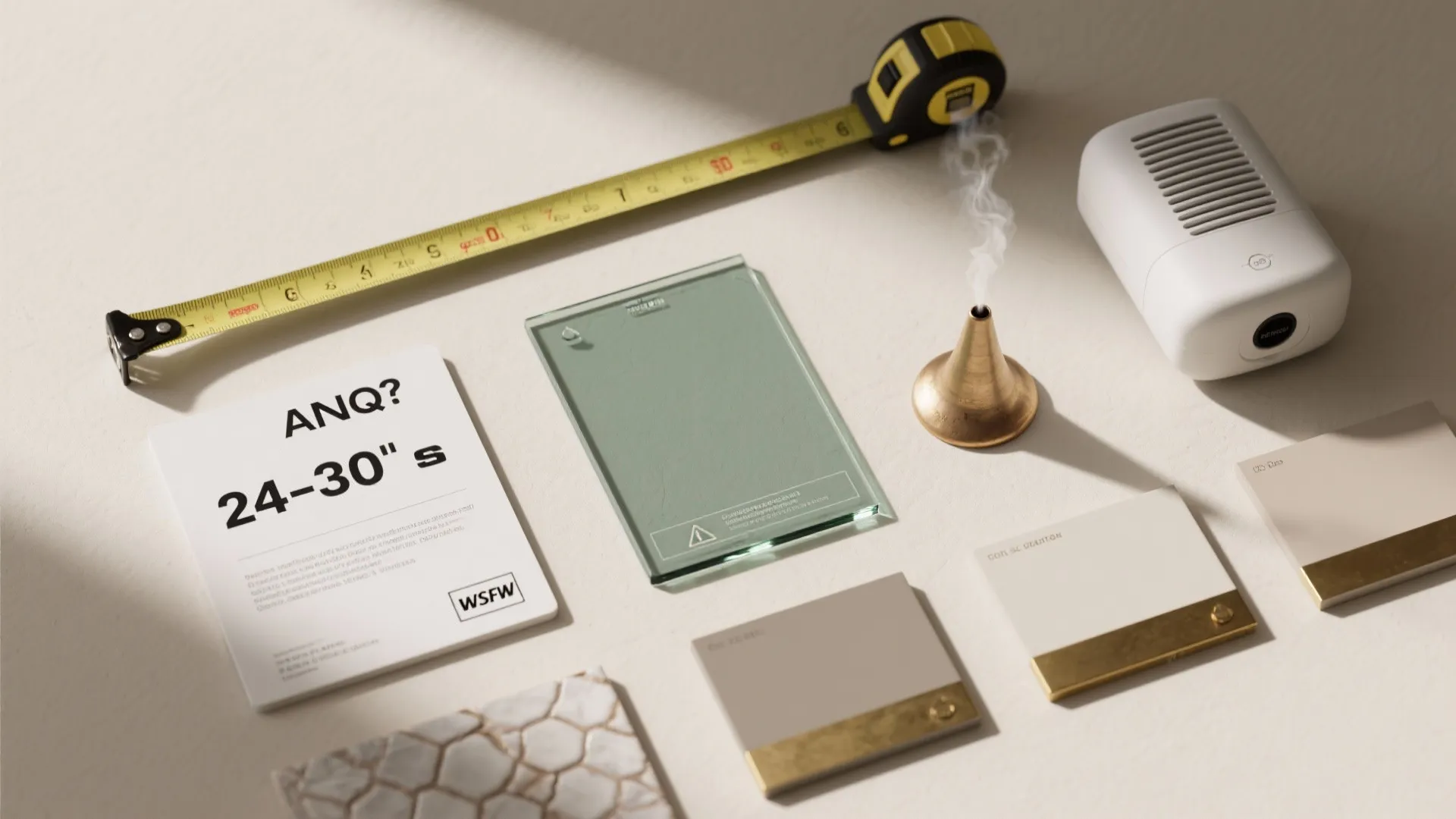 Flat lay of interior design materials featuring measuring tape glass samples white tiles and brass decor