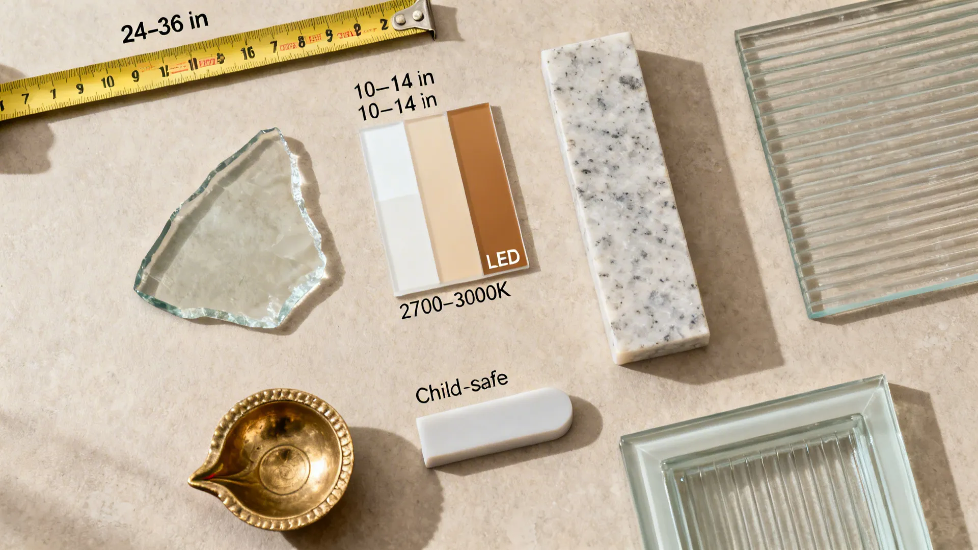Flat lay of measurement tools, warm LED samples, tempered glass, quartz, and brass diya plate for small pooja planning.
