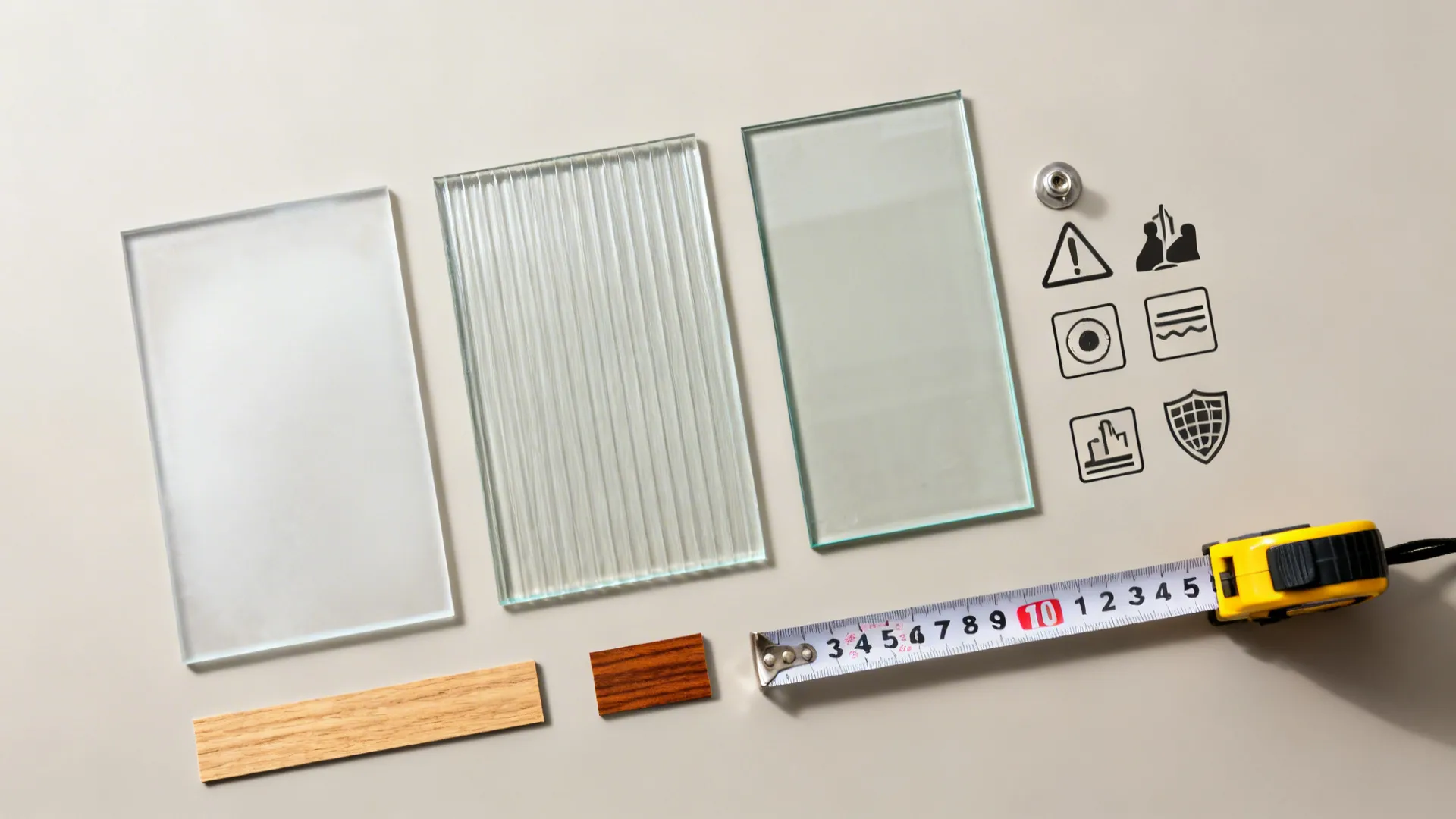 Three different glass samples placed on a table with wood pieces and a yellow tape measure