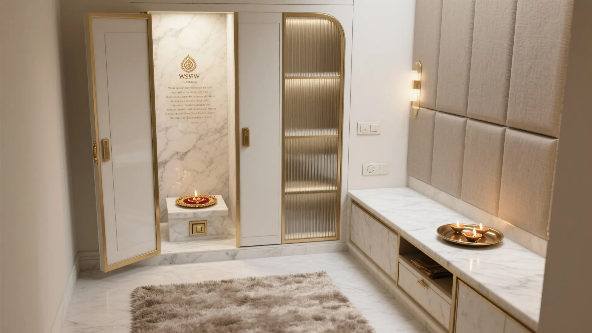 Compact pooja room with marble, brass, reeded glass, safe diya tray, dimmer, acoustic panel, and warm consistent lighting.