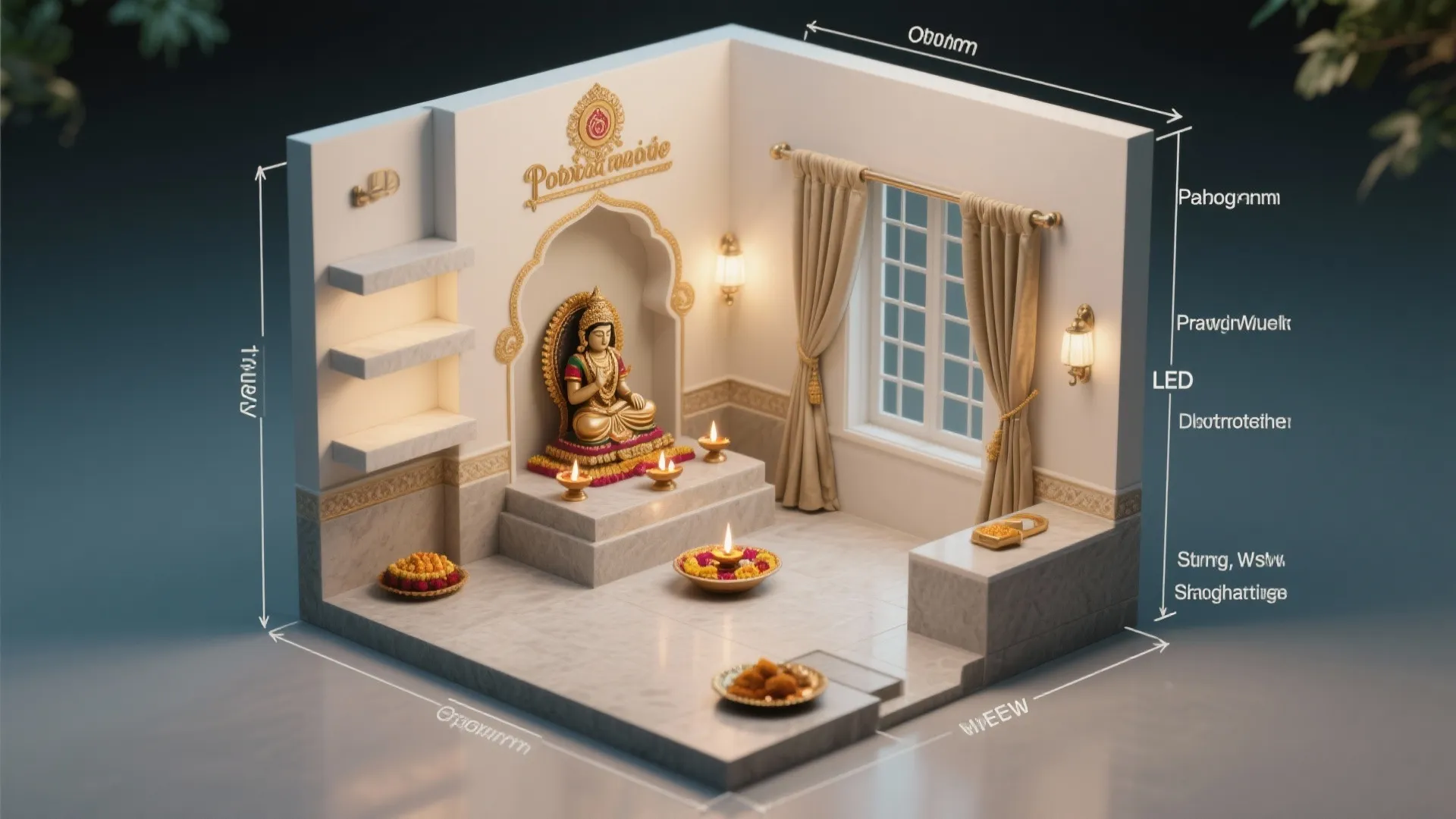 Top-down compact pooja layout showing tiers, brackets, LED placement, and safe clearances.