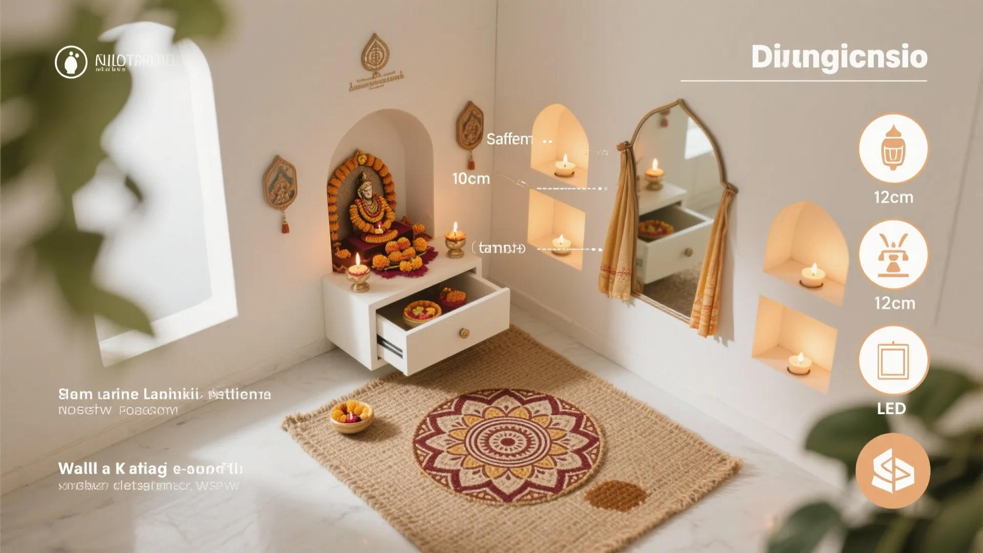 Top-down scene showing compact wall shrine, safe diya clearances, jute mandala base, and slim storage.