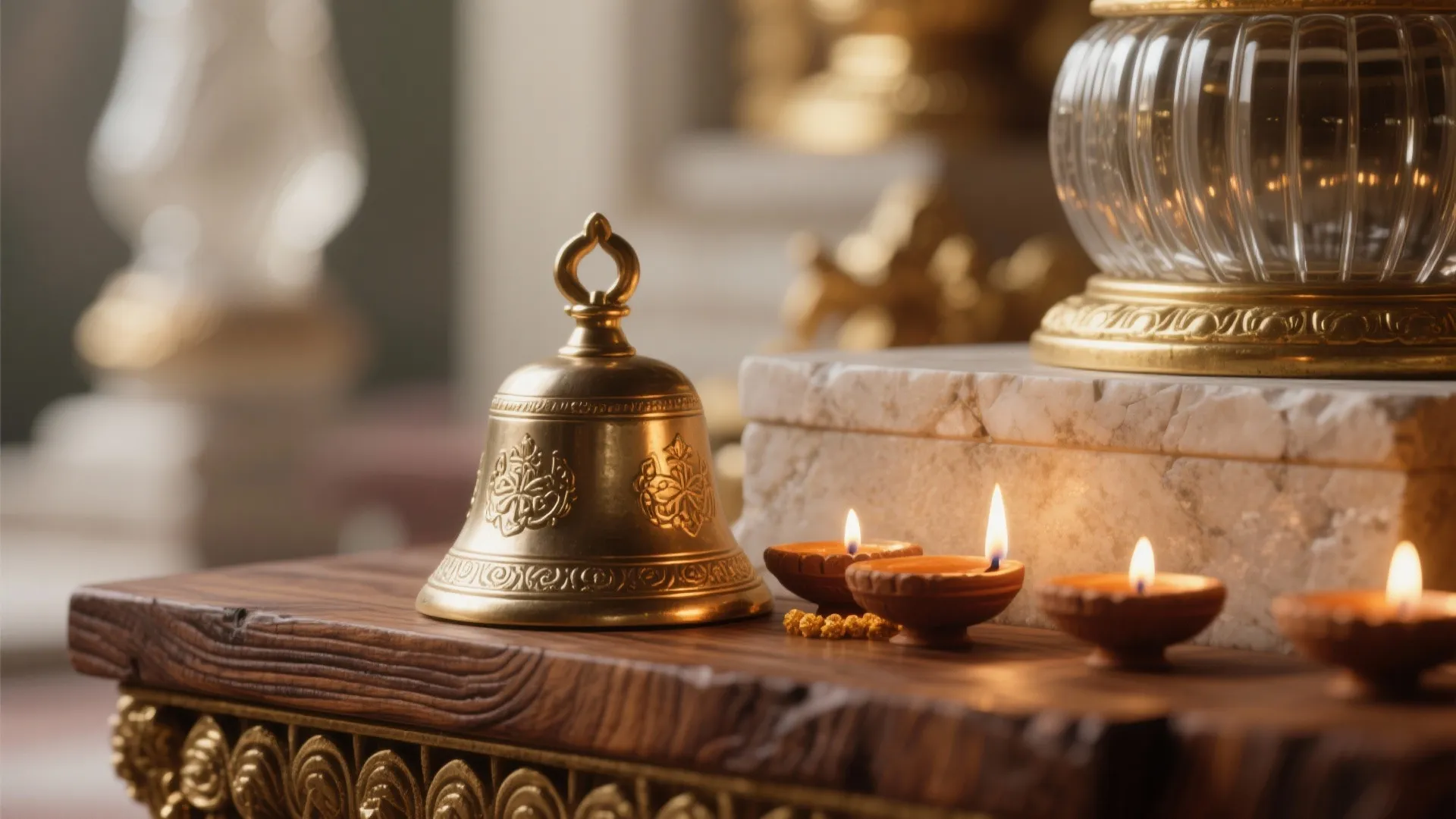 Close up of a brass bell with small oil lamps on a wooden table edge
