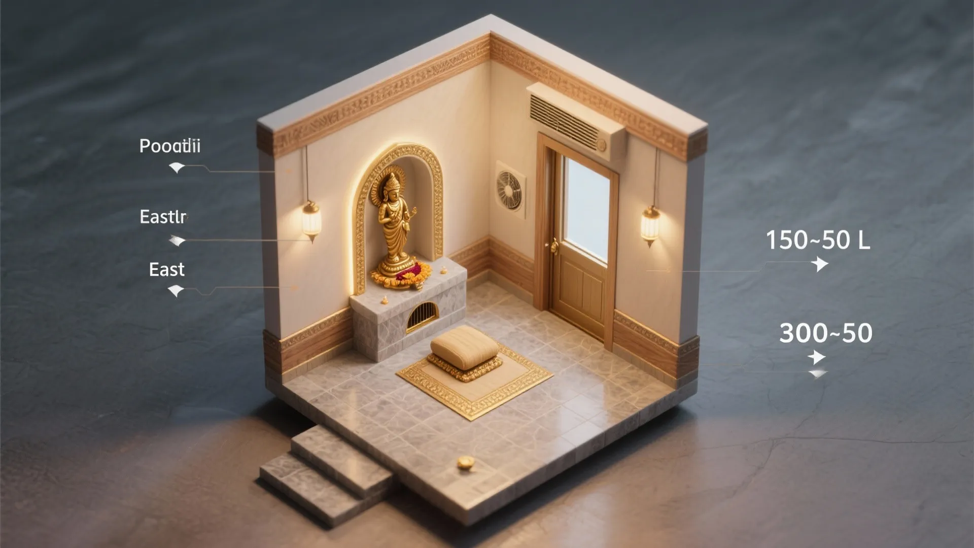 Small prayer room layout with golden statue, marble floor, wall lights, and a wooden door