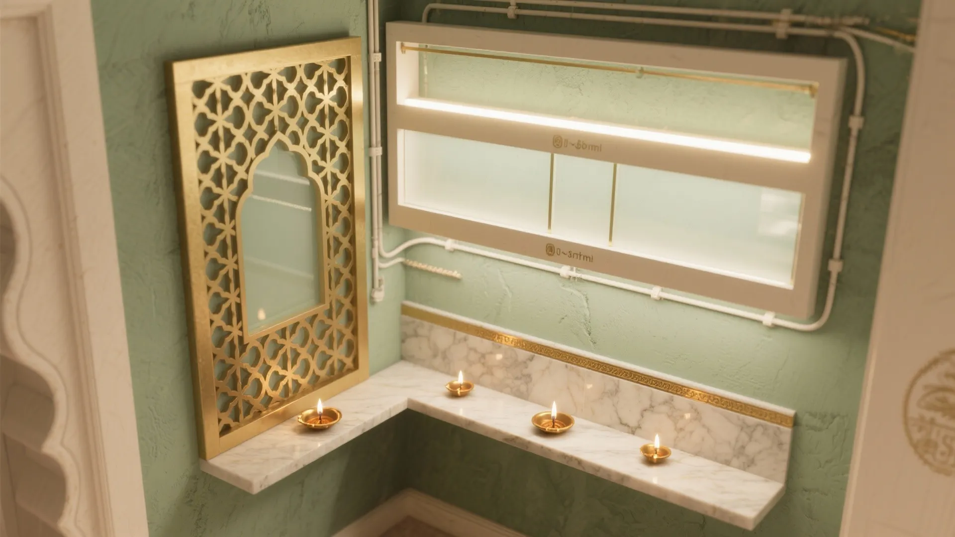 Green prayer room interior with gold wall panel white marble shelf and modern light fixtures