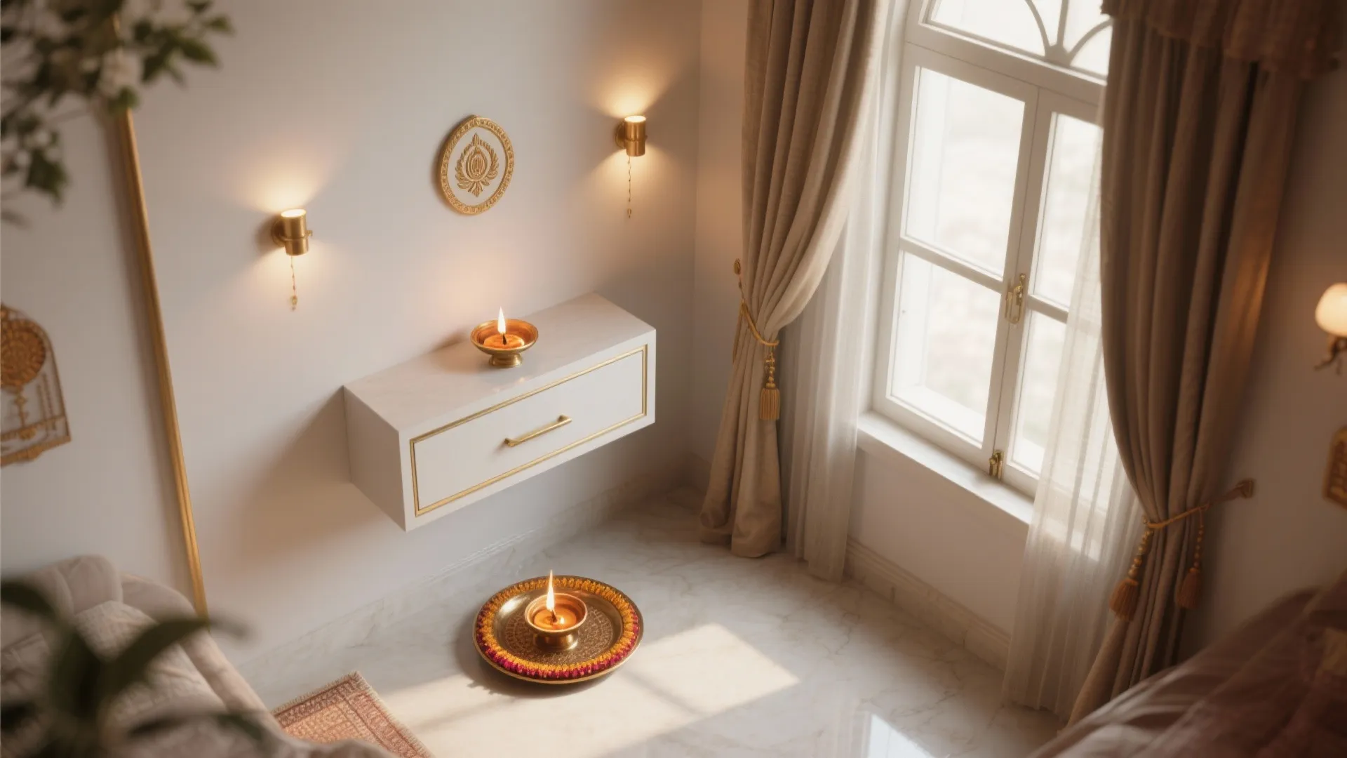 Top-down mandir layout showing safe diya placement, clear circulation, and a ventilated window