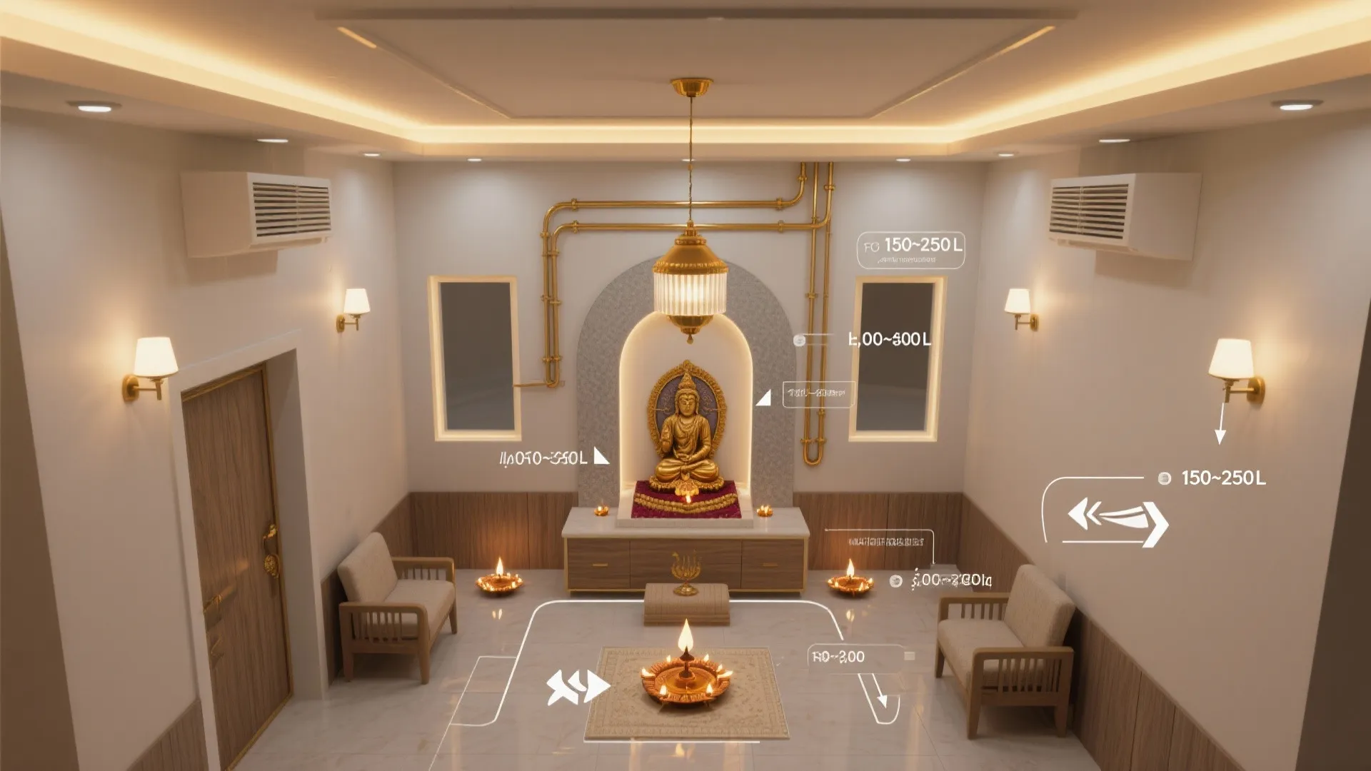 Interior design drawing of a prayer room showing light fixture placement and measured room layout