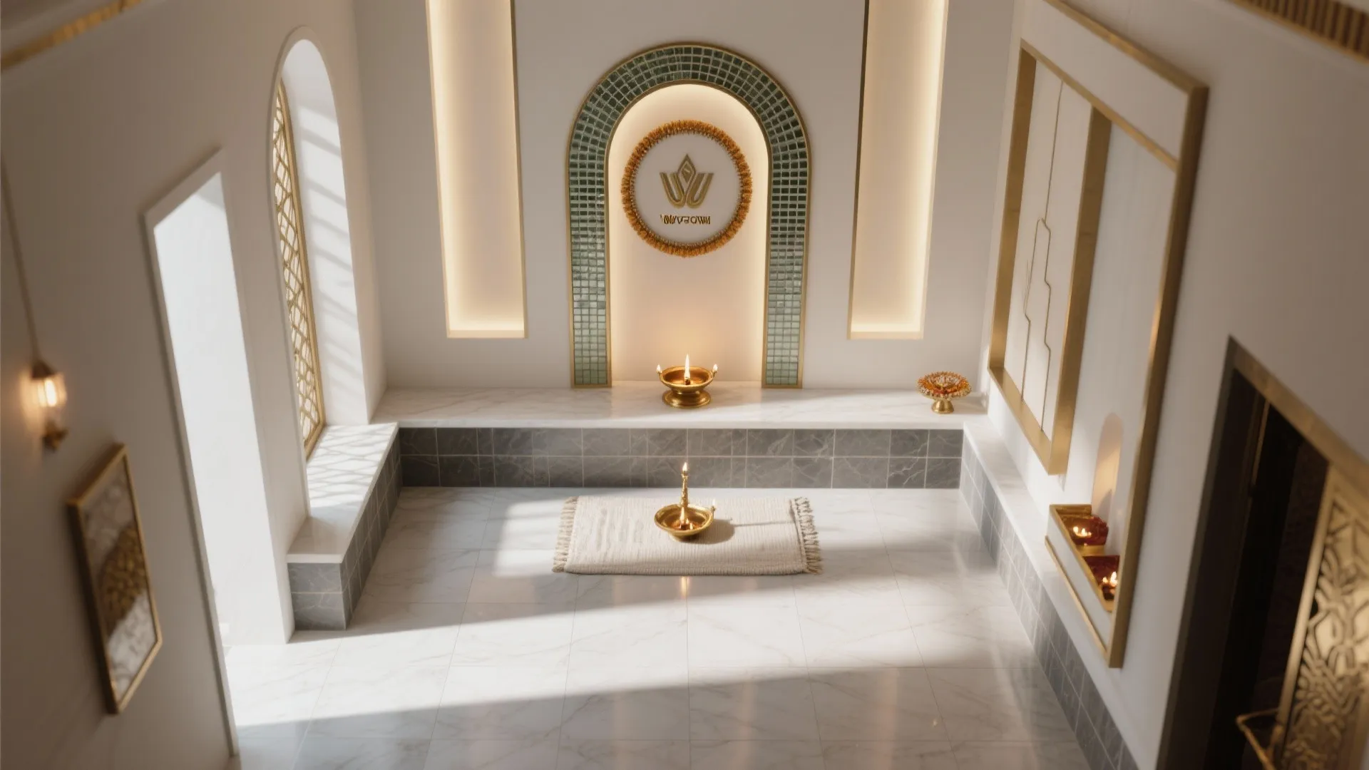 High angle view of bright prayer room with white marble floors and green tile wall niche