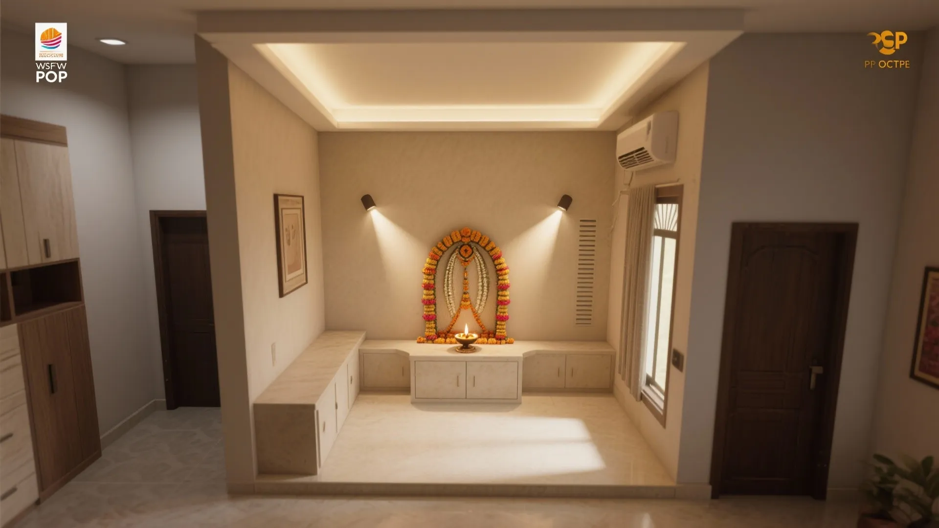 Modern prayer room with white cabinets floral arch wall light warm ceiling light and window