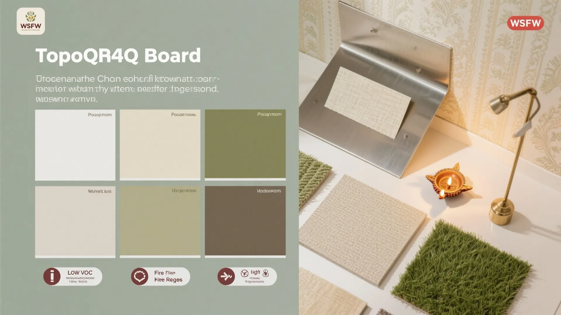 Color palette board and interior material samples including green grass, fabric, and gold light fixture
