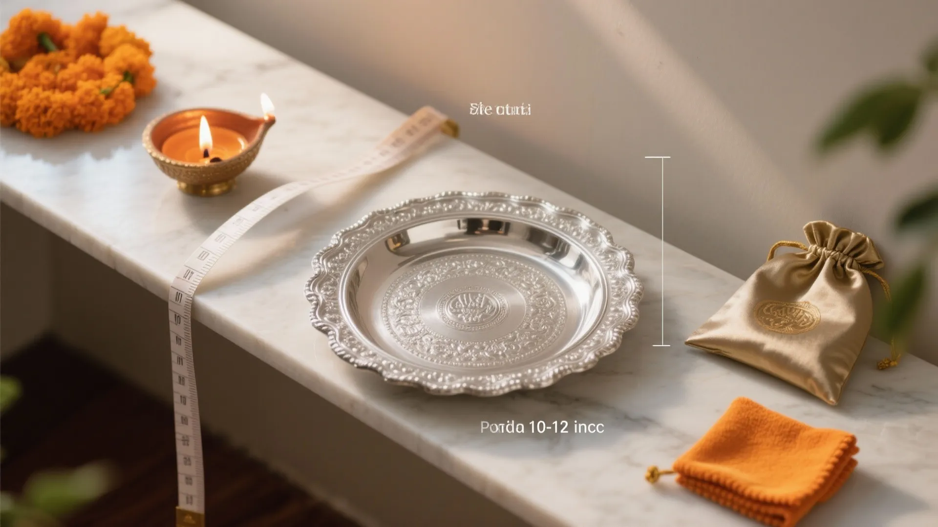 Silver metal plate on marble shelf with measuring tape candle small bag and orange cloth