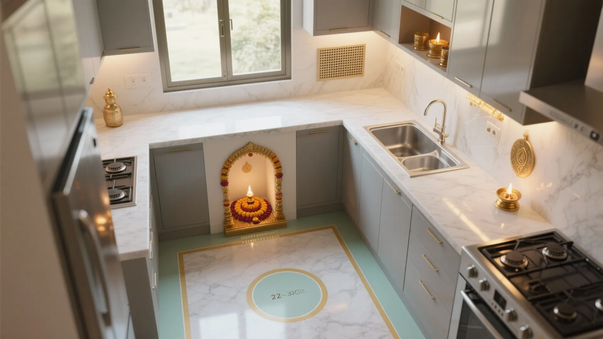 Top-down view of modern kitchen layout featuring marble countertops and small prayer area under counter