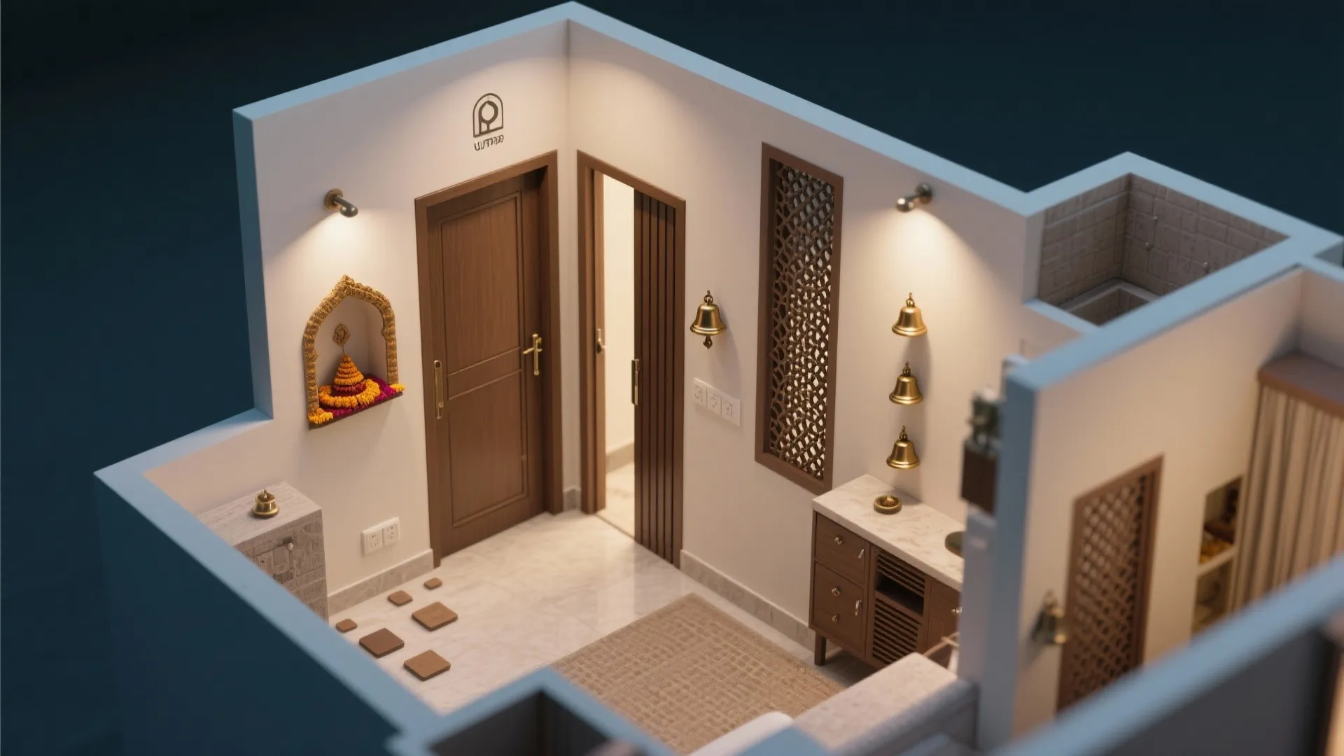 Top view interior design drawing of a modern home entryway with cabinet and wall bells