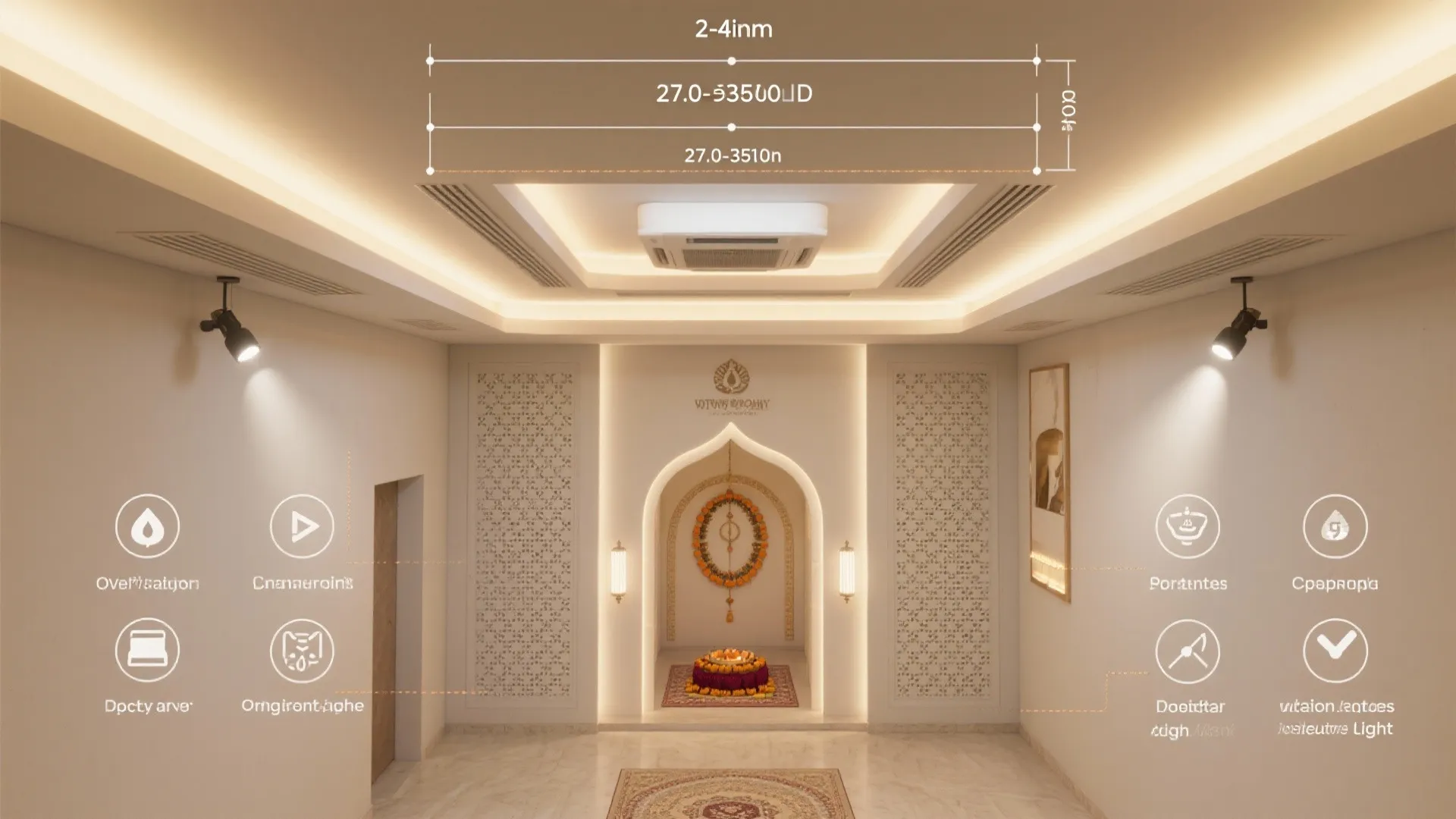 Interior design drawing showing ceiling light dimensions for a prayer room with a wall arch