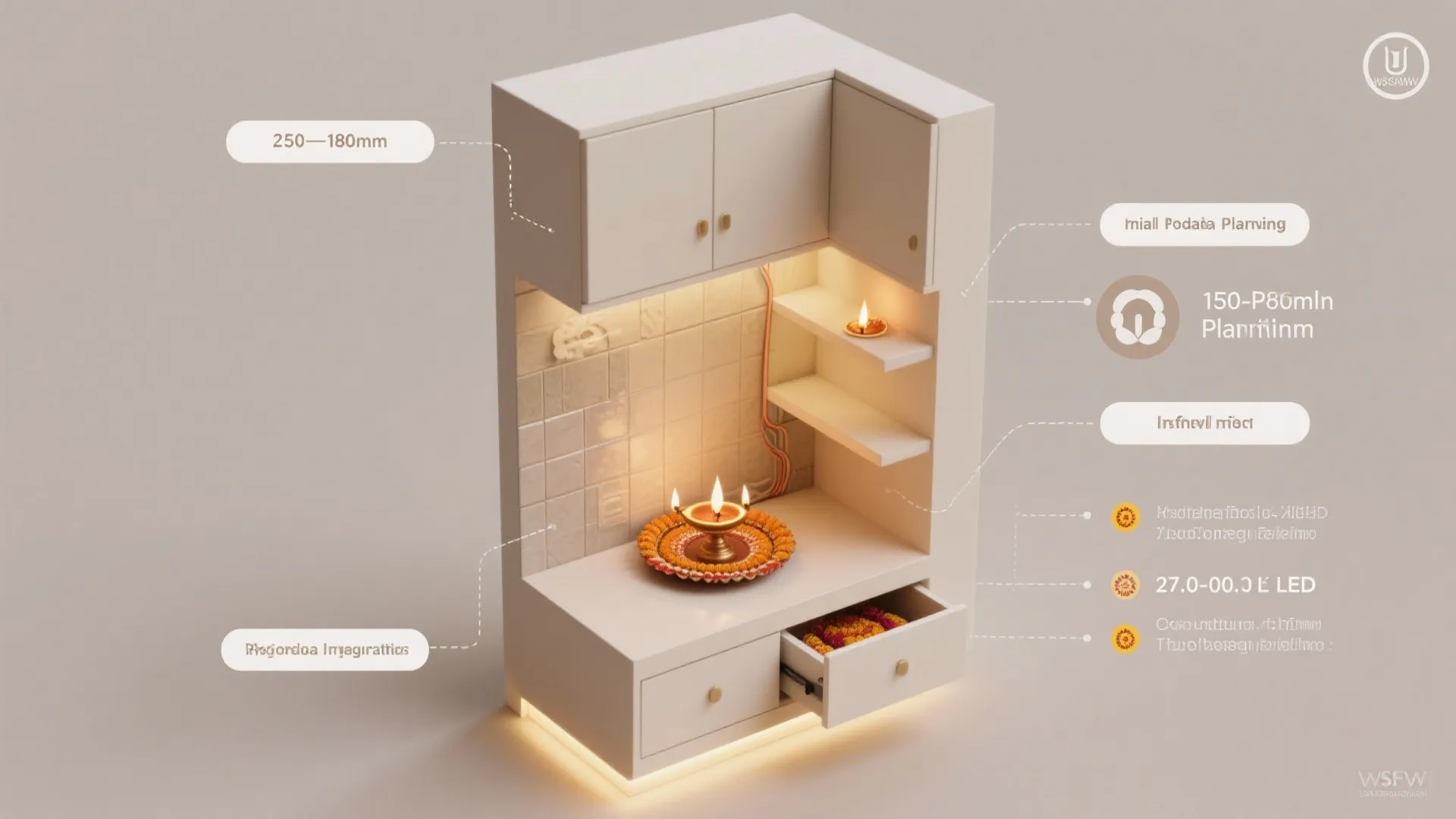 Interior design drawing showing a white prayer cabinet with lighting, storage drawers, and labeled dimensions